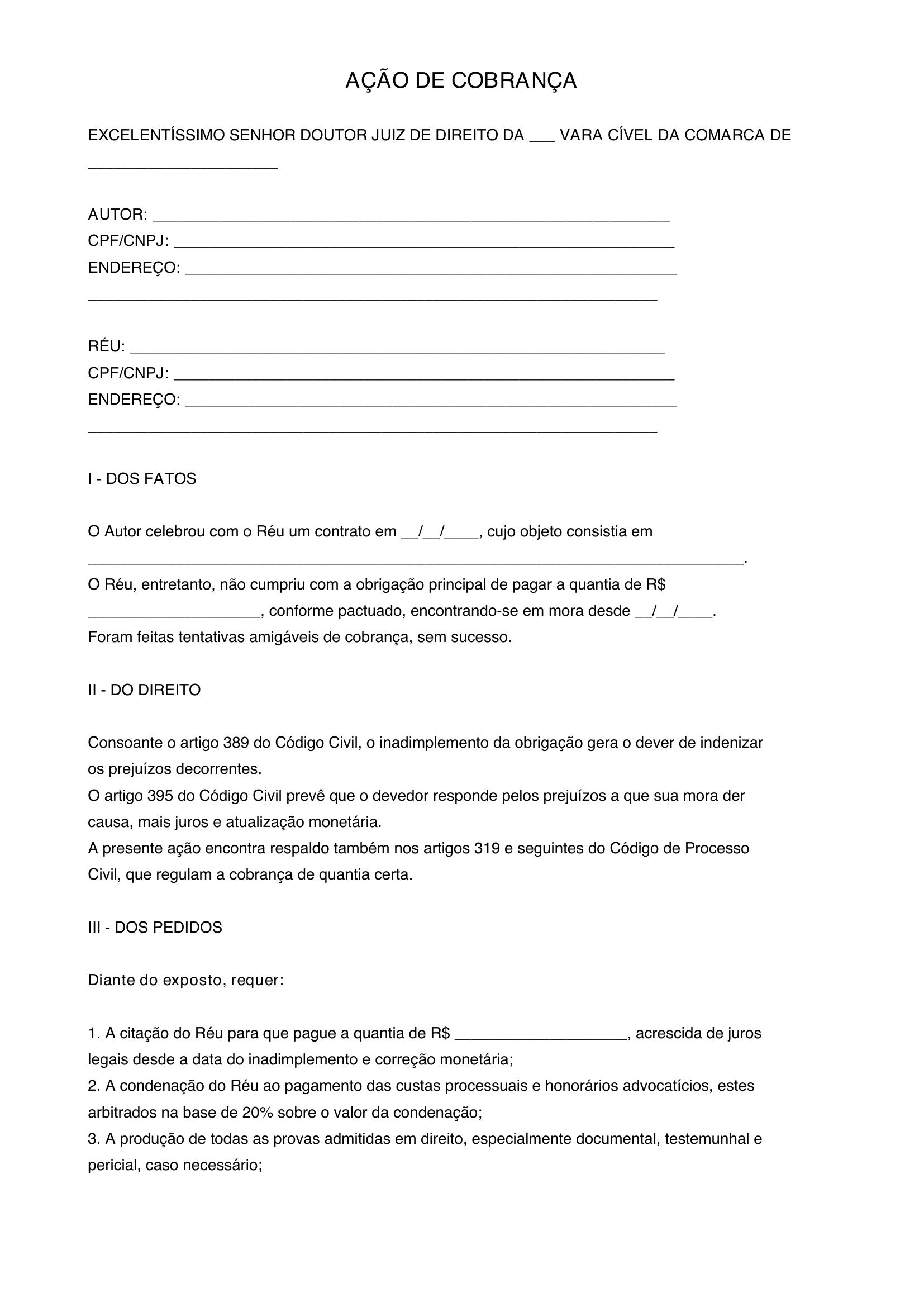 Modelo De Ação De Cobrança