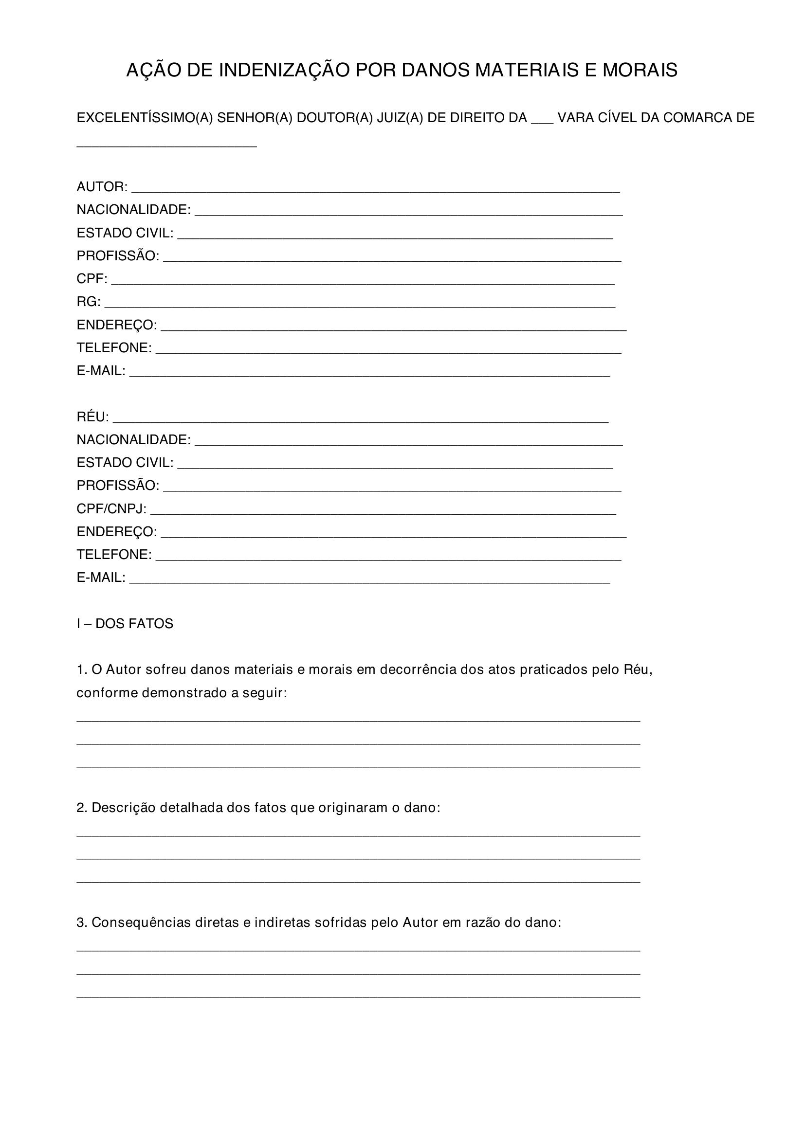 Modelo Ação De Indenização Por Danos Materiais E Morais