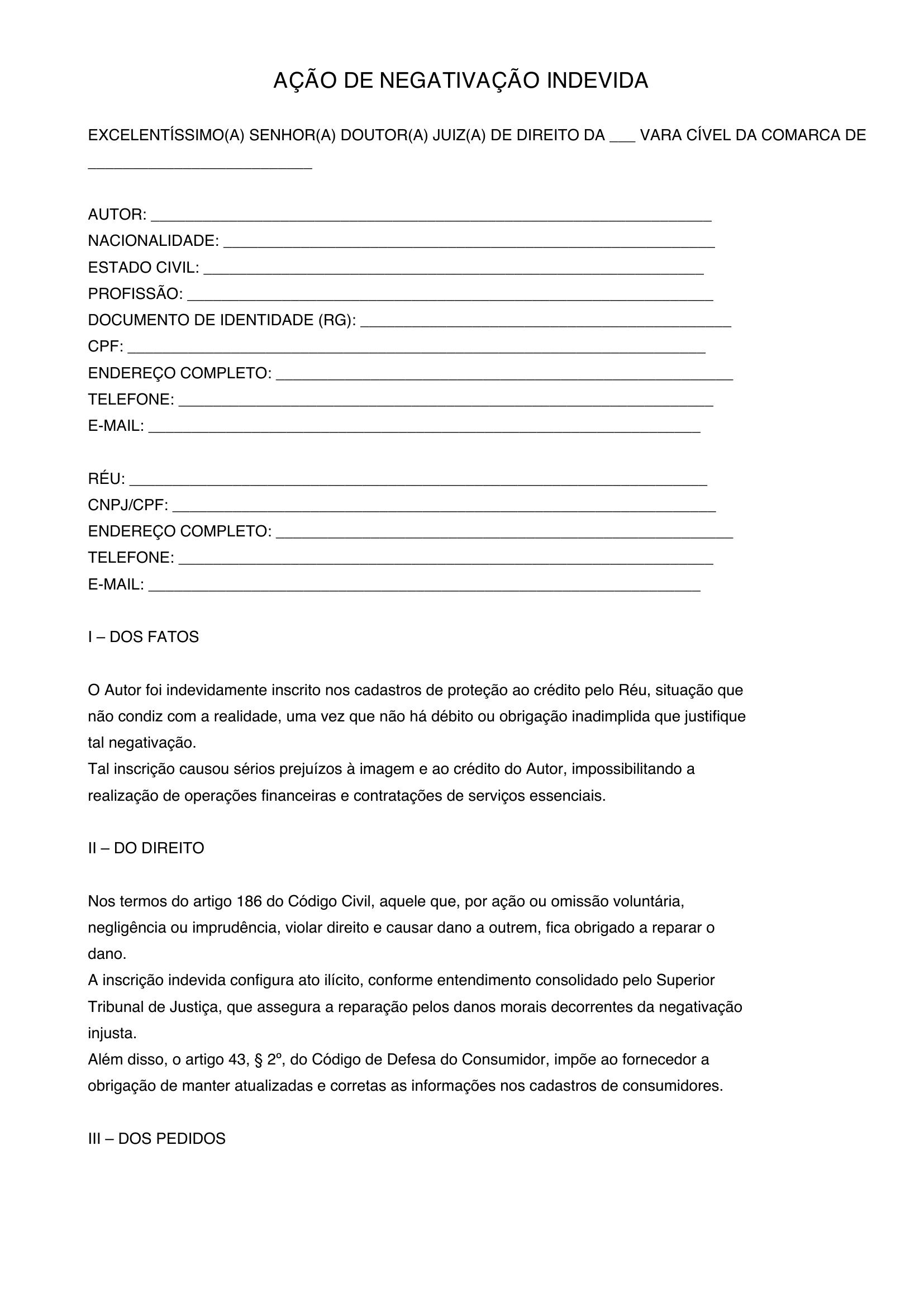 Modelo De Ação De Negativação Indevida