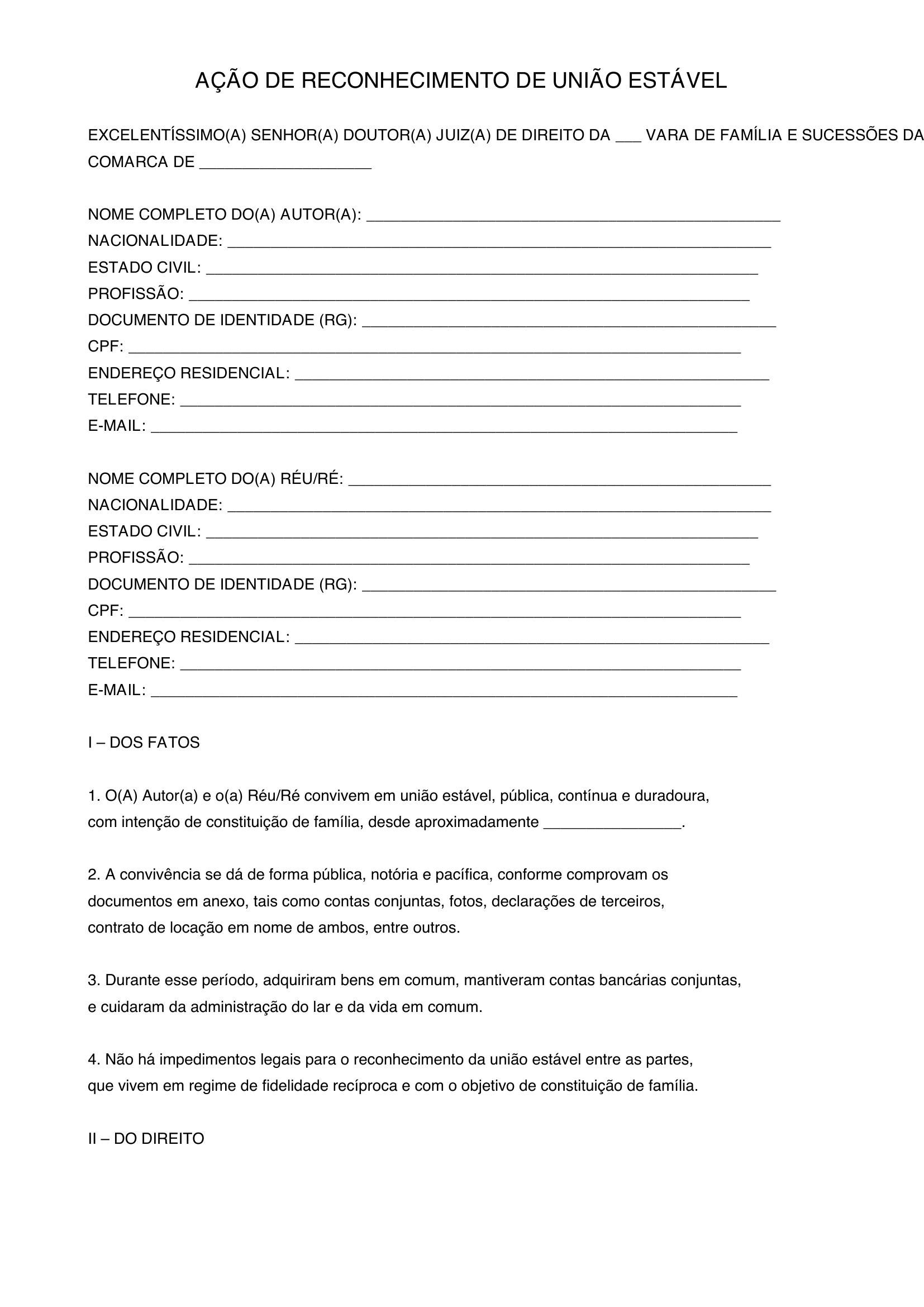Modelo De Ação De Reconhecimento De União Estável