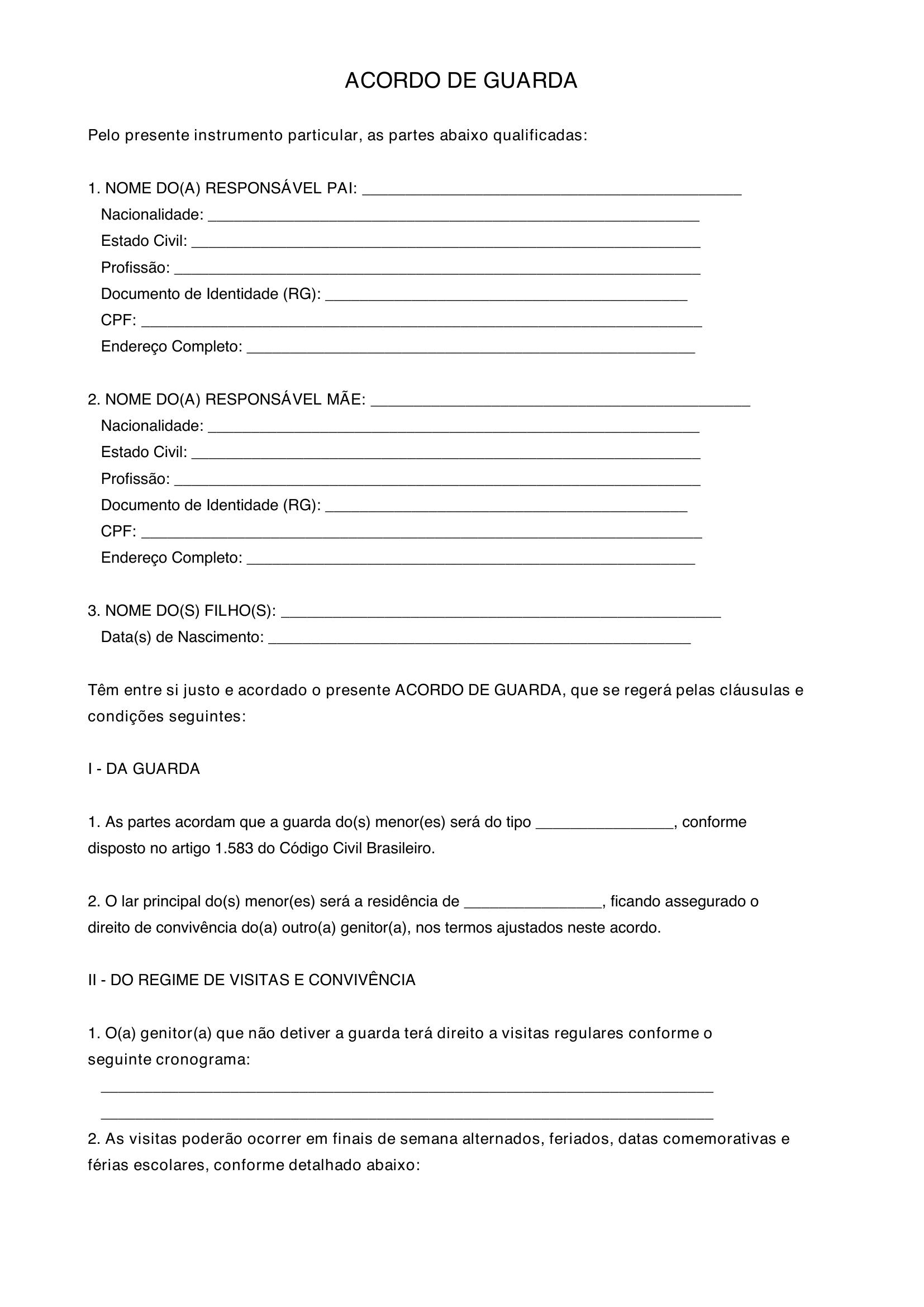 Modelo De Acordo De Guarda