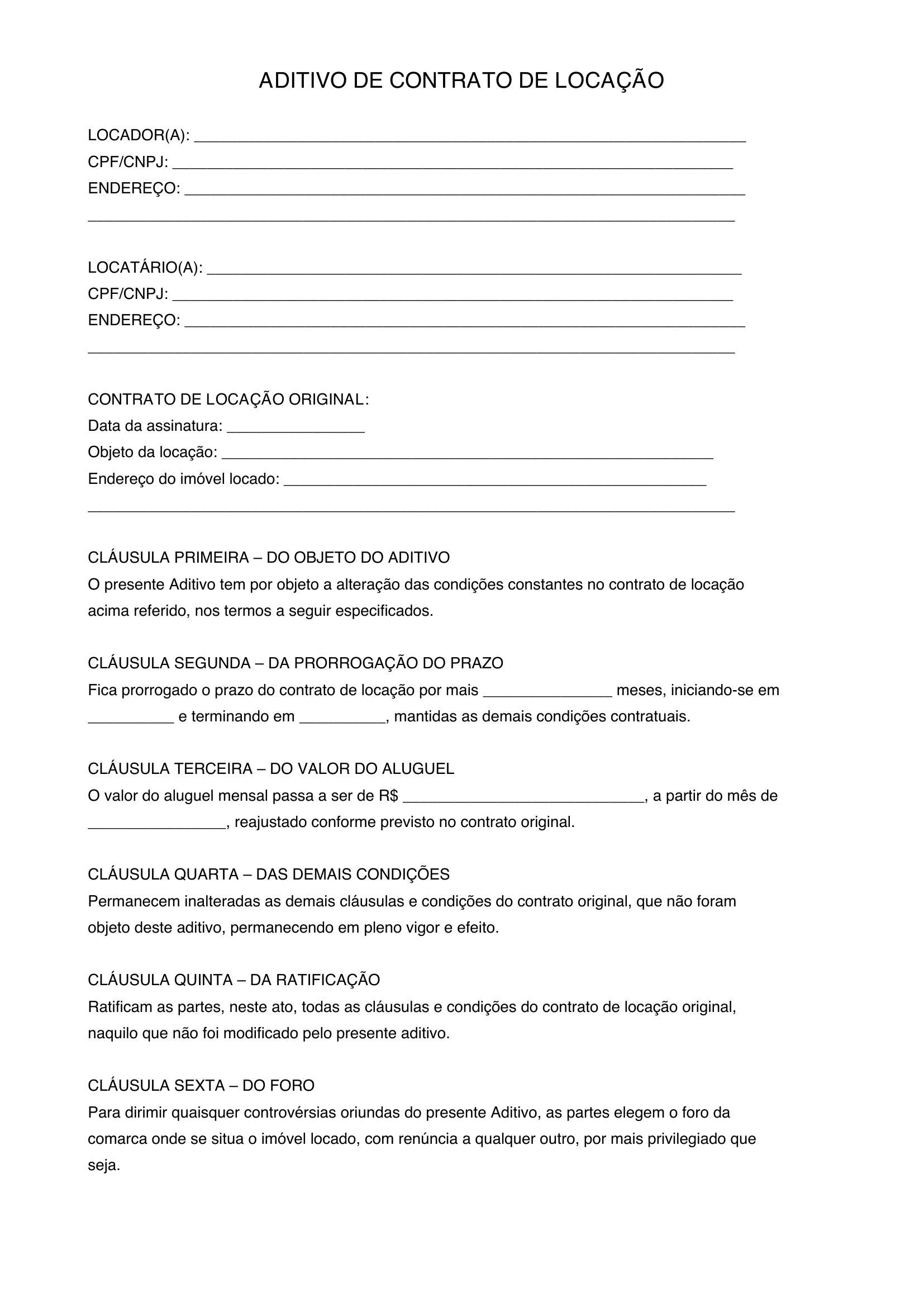 Modelo De Aditivo De Contrato De Locação