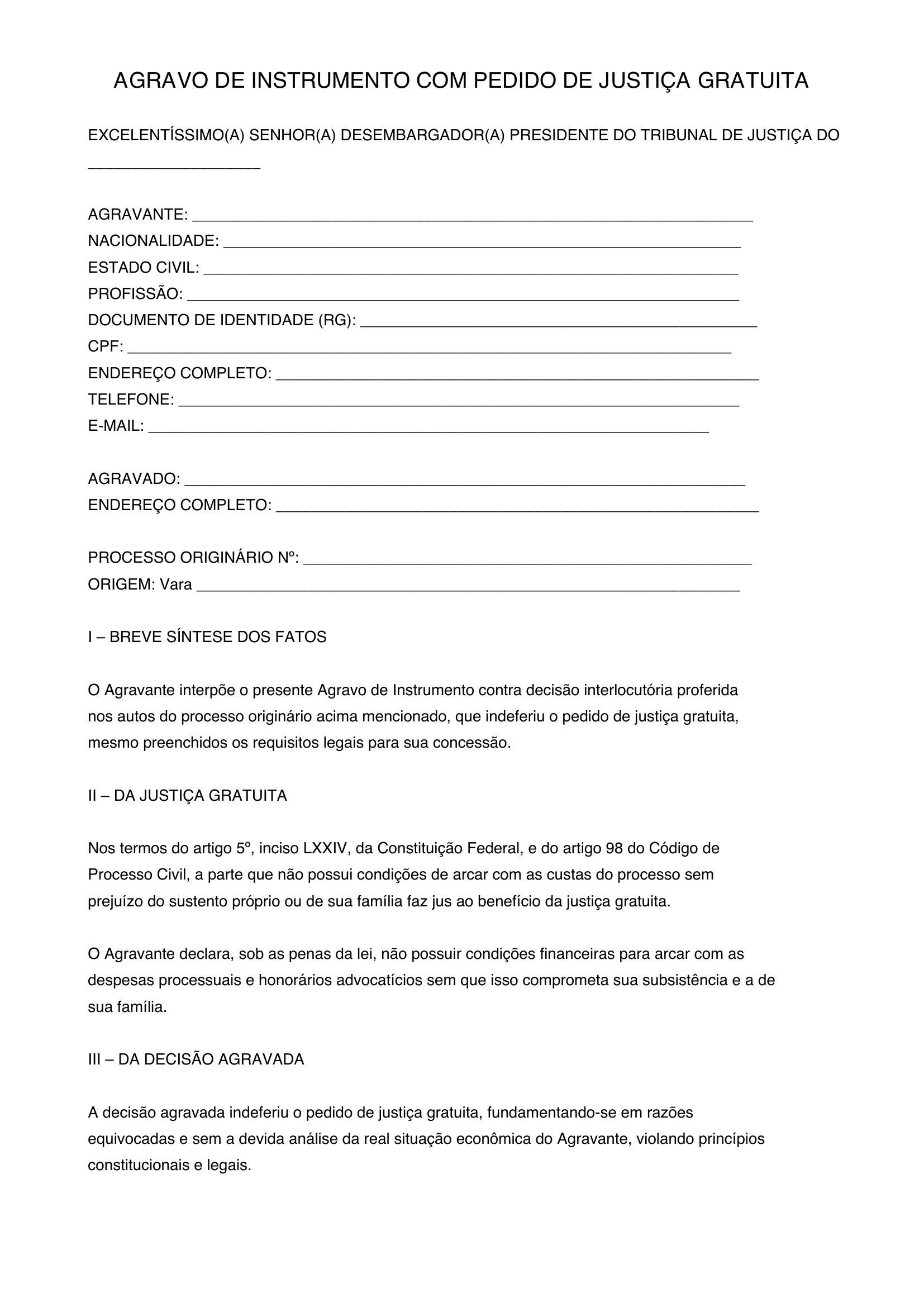 Modelo Agravo De Instrumento Justiça Gratuita