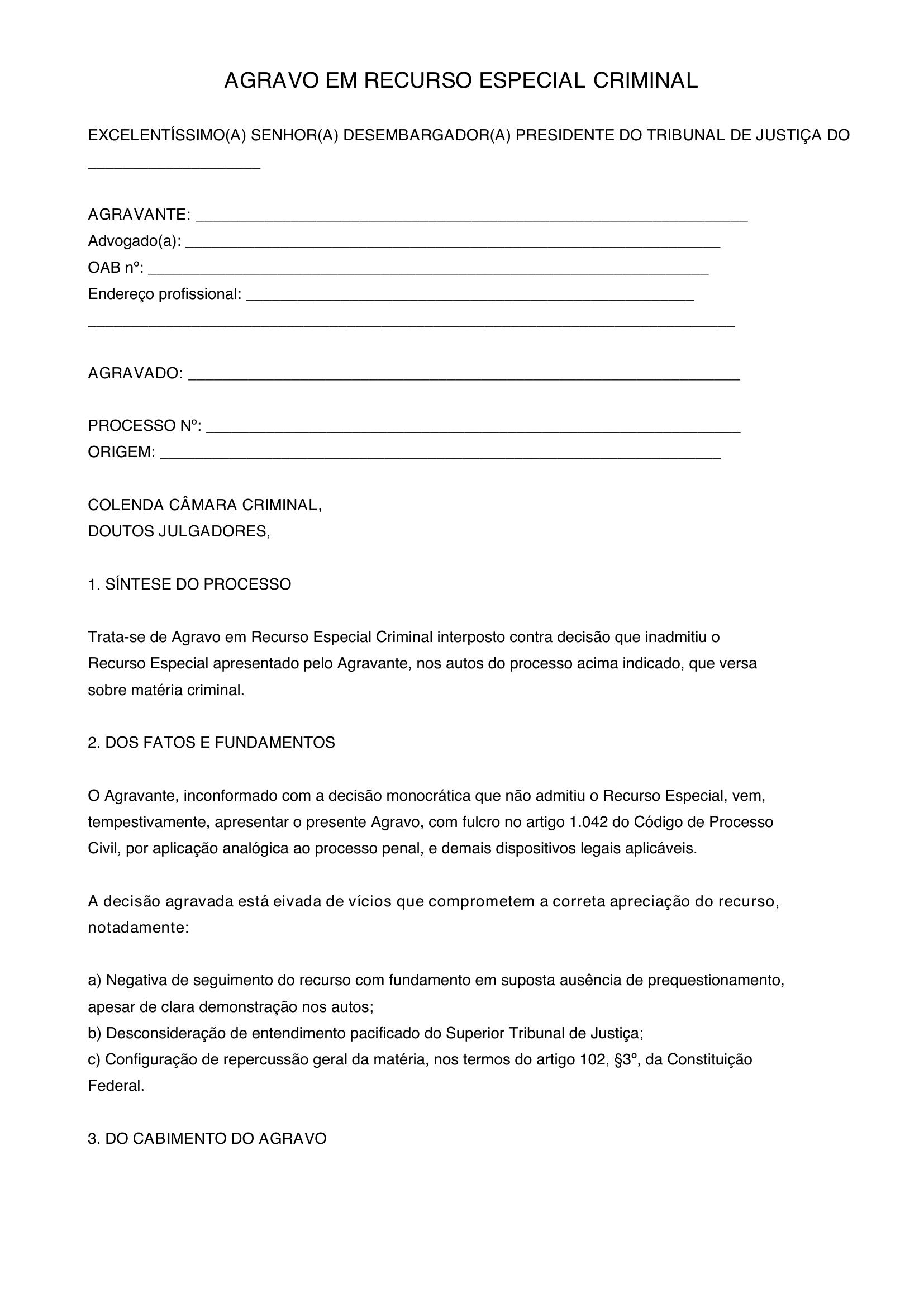 Modelo De Agravo Em Recurso Especial Criminal