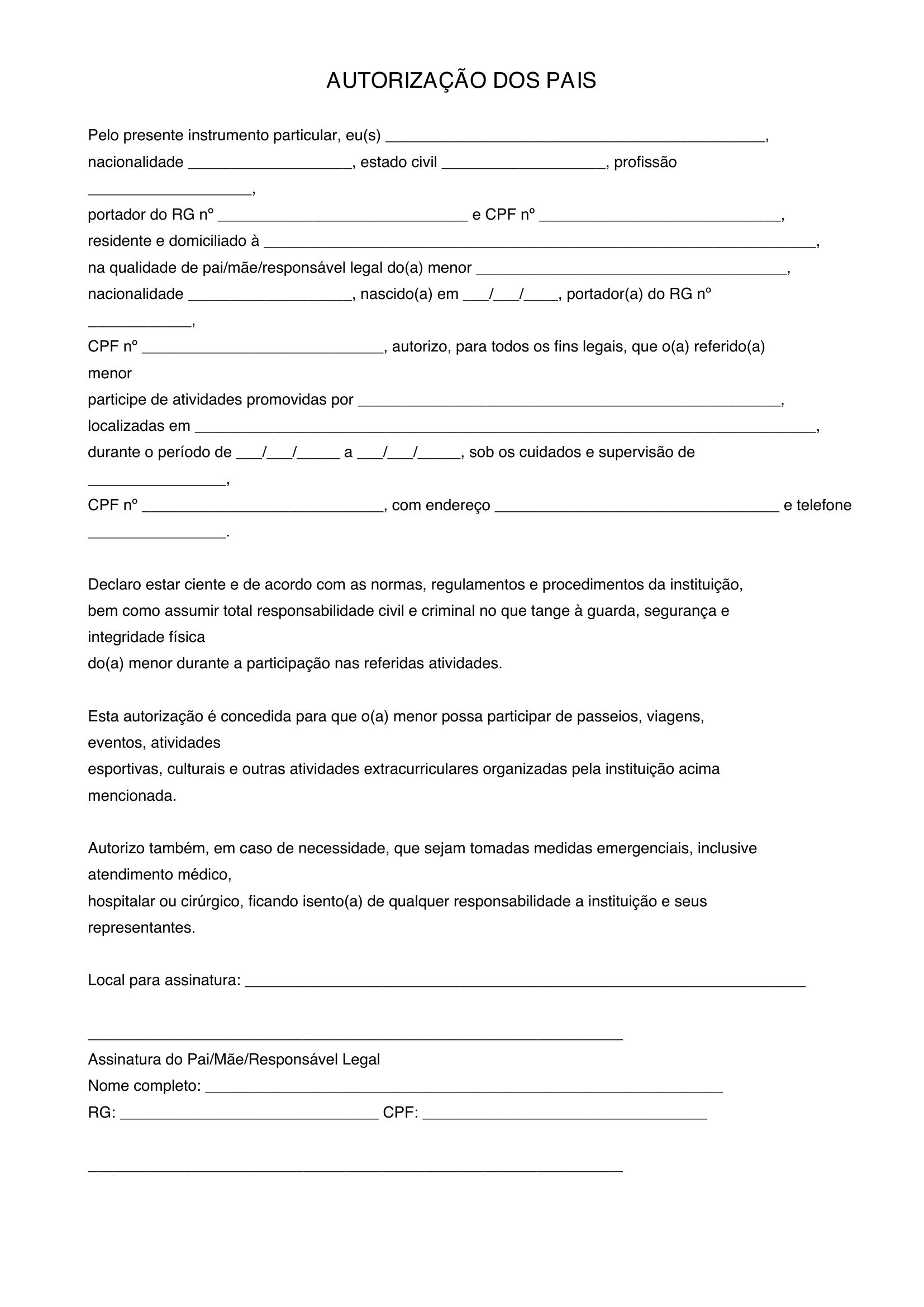 Modelo De Autorização Dos Pais