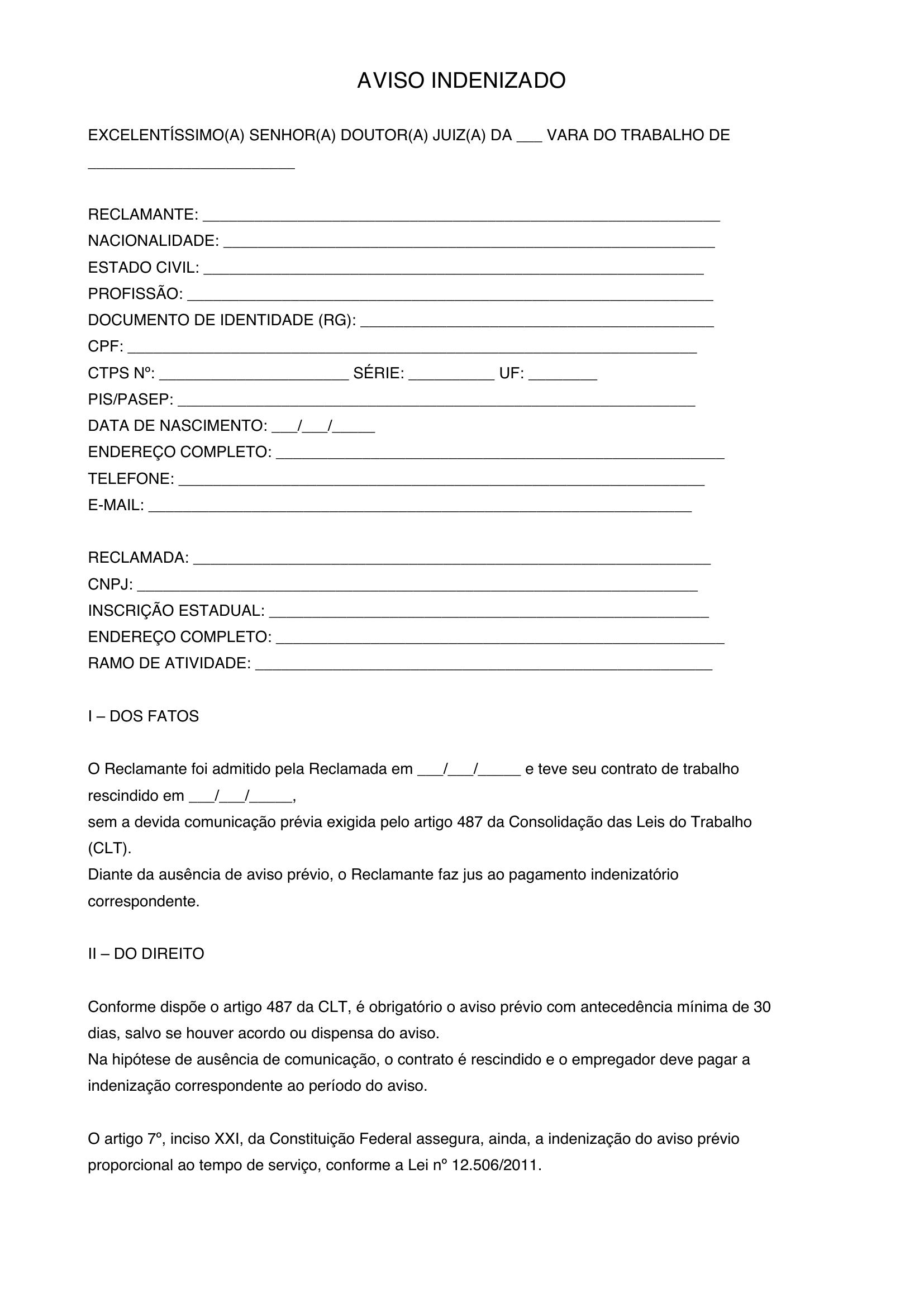 Modelo Aviso Indenizado