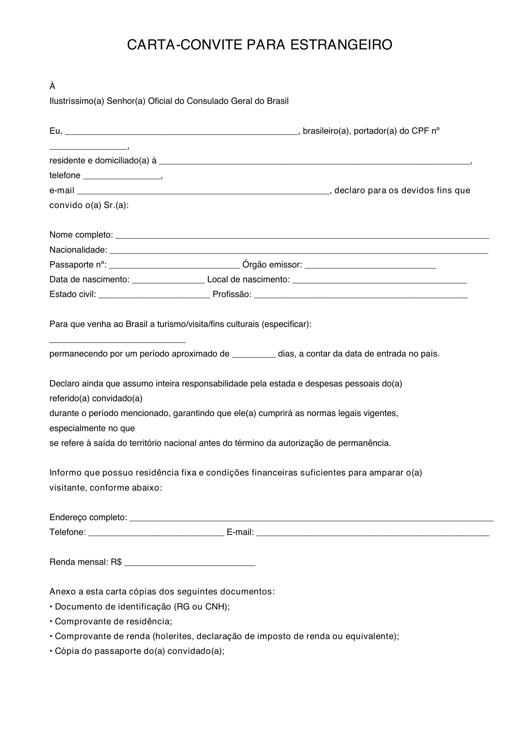Modelo De Carta Convite Para Estrangeiro