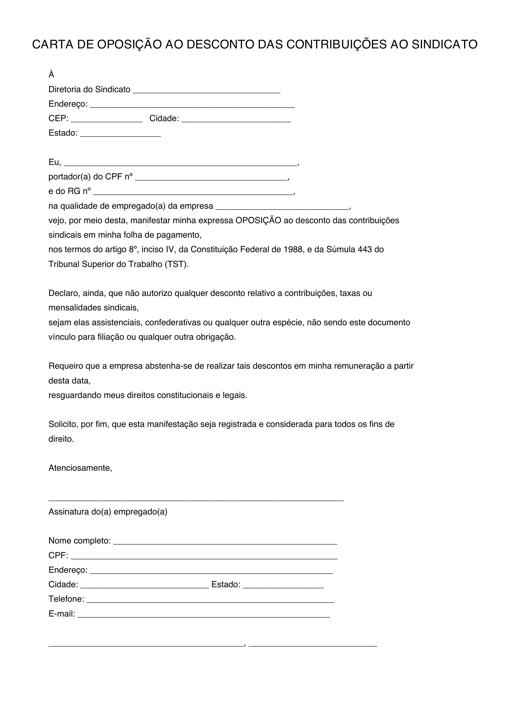 Modelo De Carta De Oposição Ao Desconto Das Contribuições Ao Sindicato
