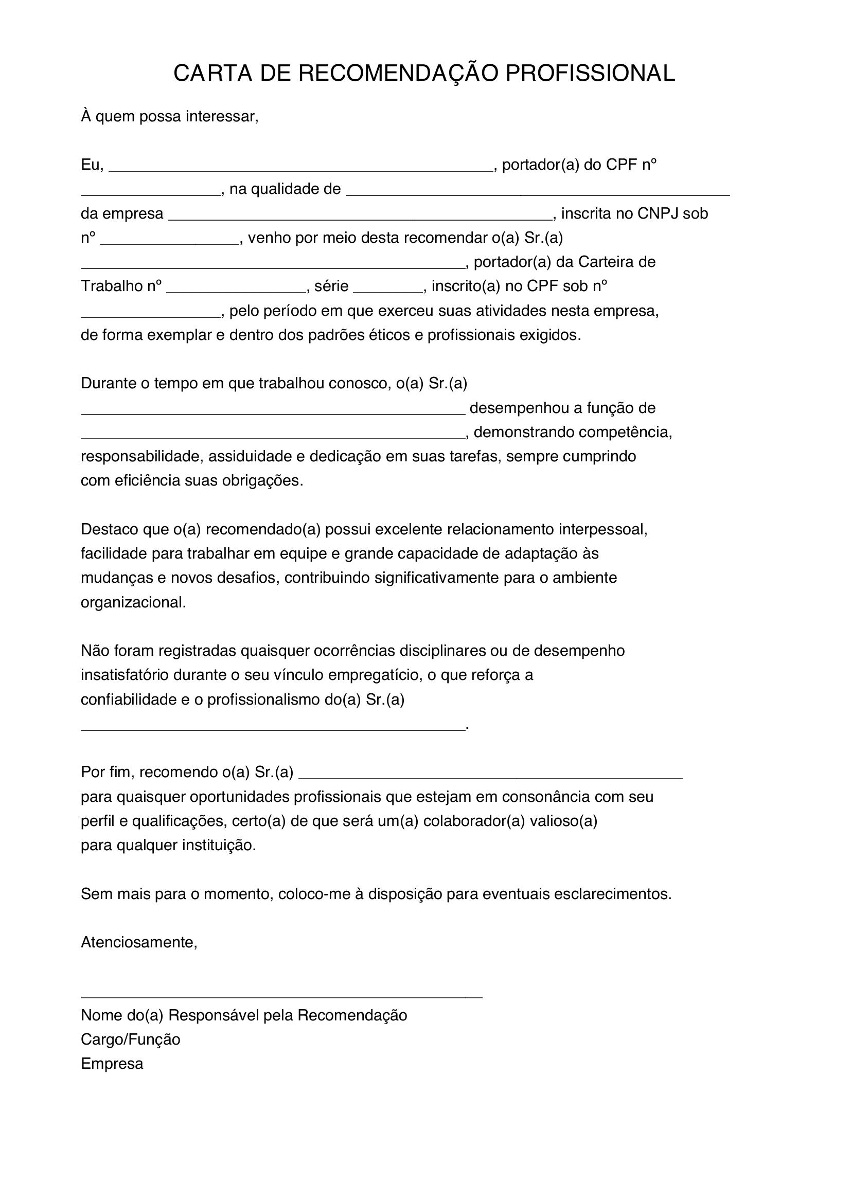 Modelo De Carta De Recomendação Profissional