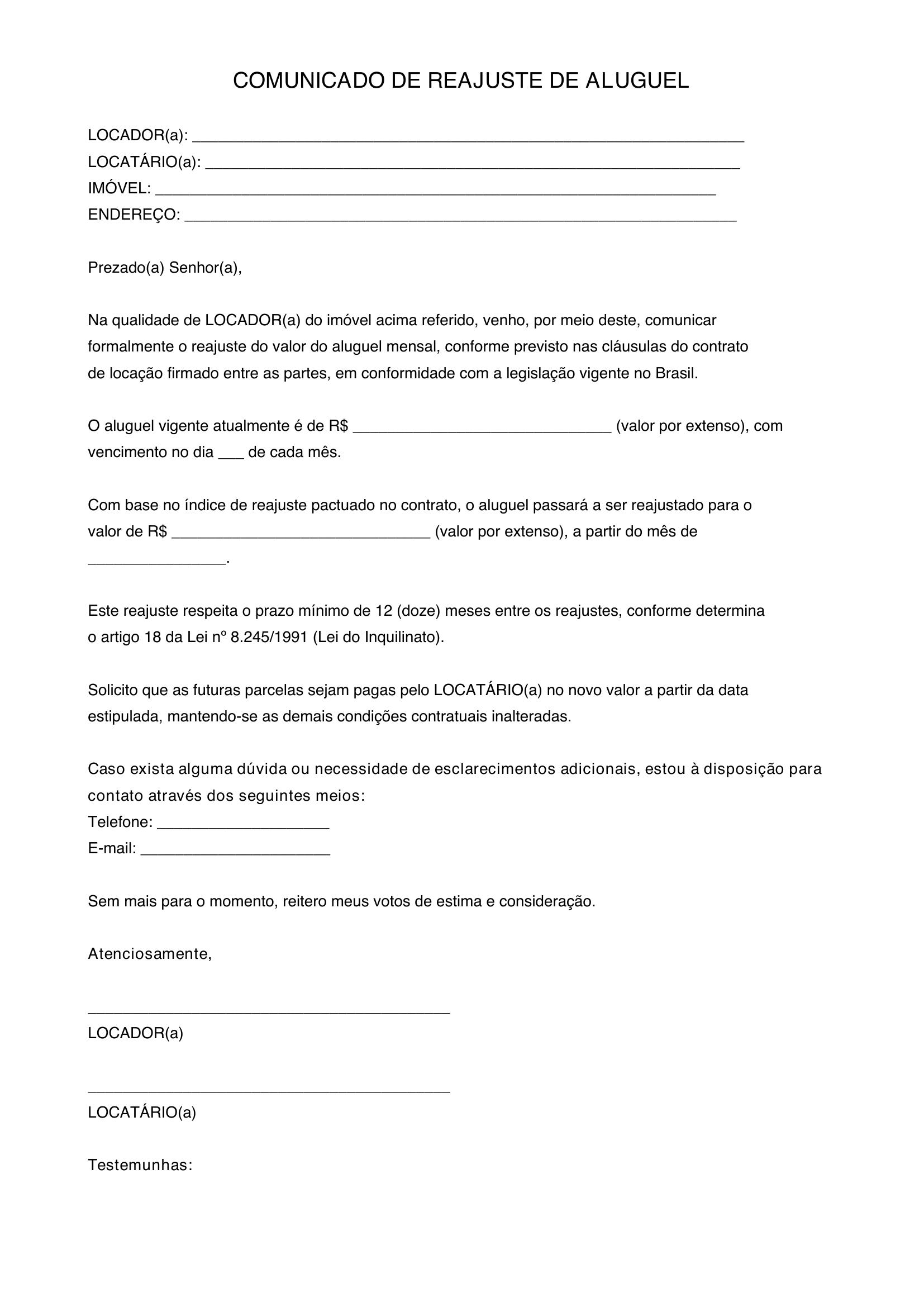 Modelo De Comunicado De Reajuste De Aluguel