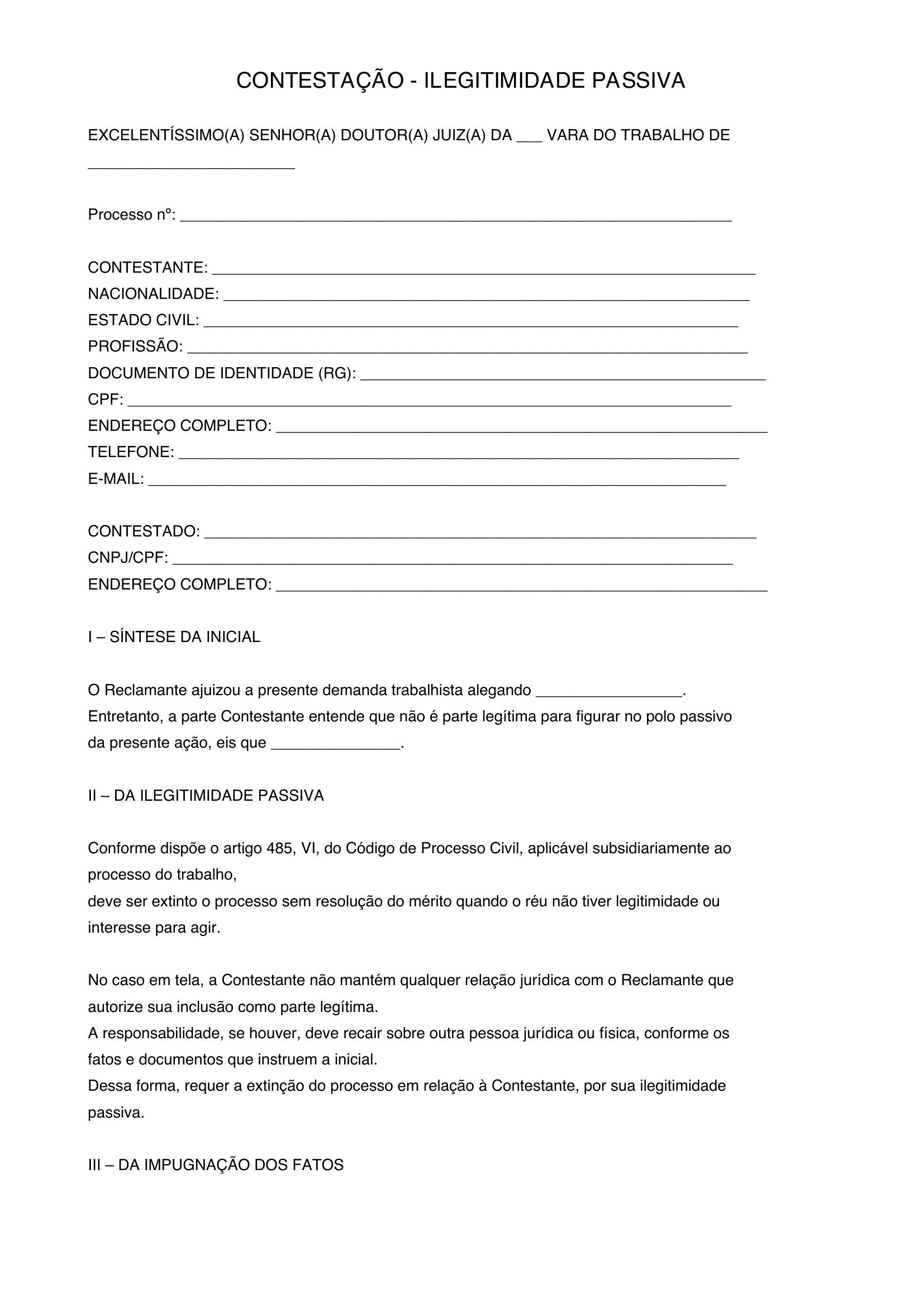 Modelo Contestação Trabalhista Ilegitimidade Passiva
