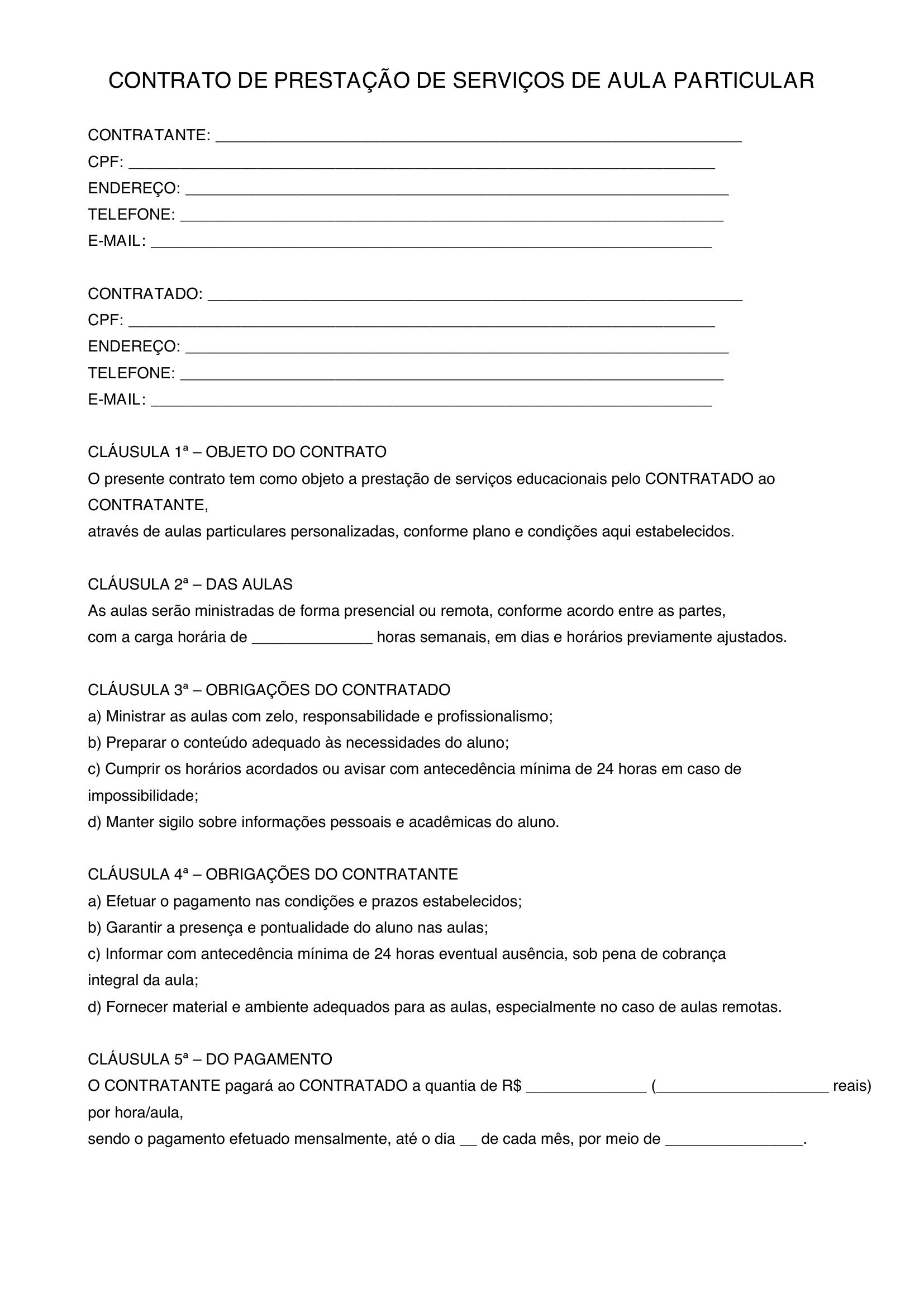 Modelo De Contrato De Aula Particular