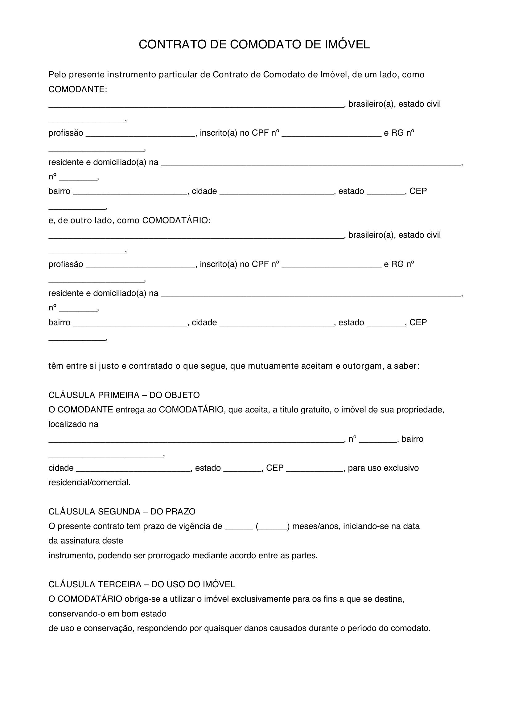 Modelo De Contrato De Comodato De Imóvel