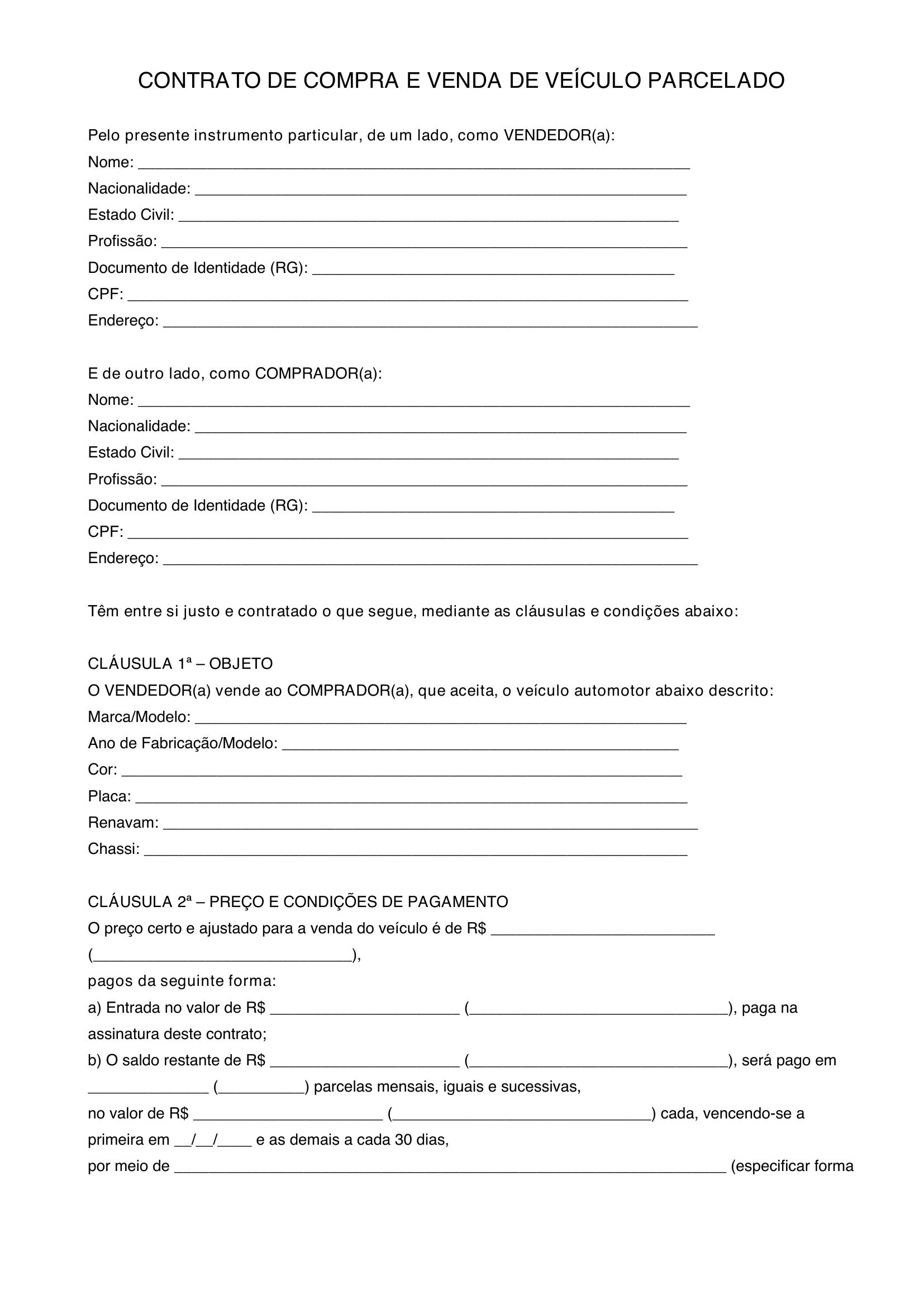 Modelo De Contrato De Compra E Venda De Veiculo Parcelado