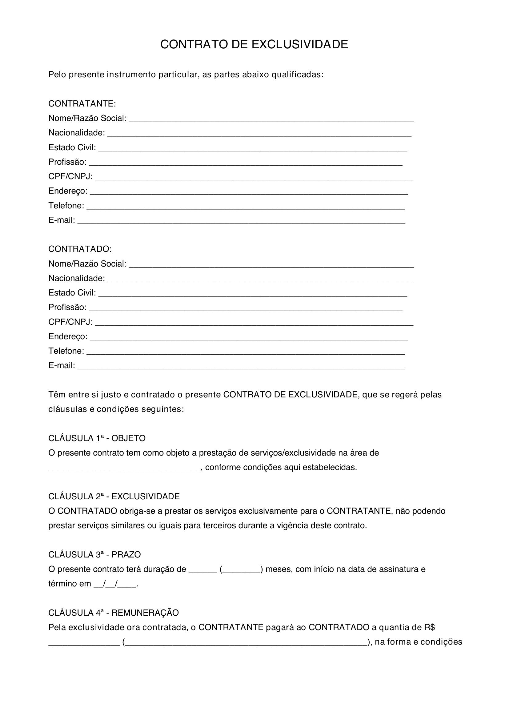 Modelo De Contrato De Exclusividade