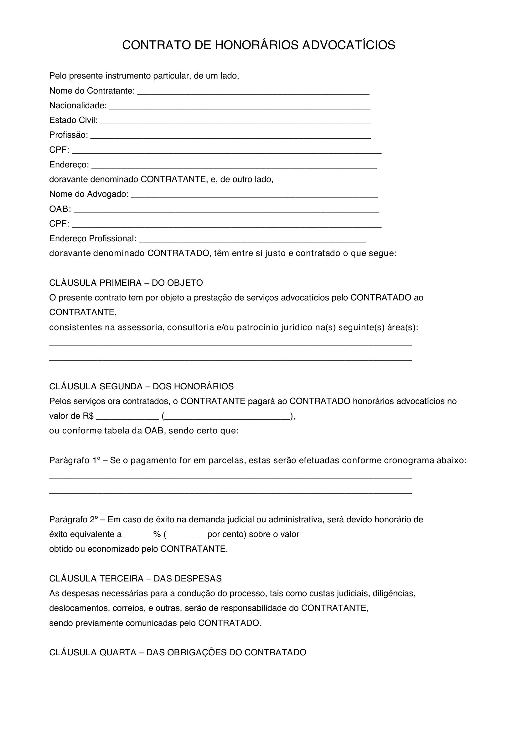 Modelo De Contrato De Honorários Advocatícios