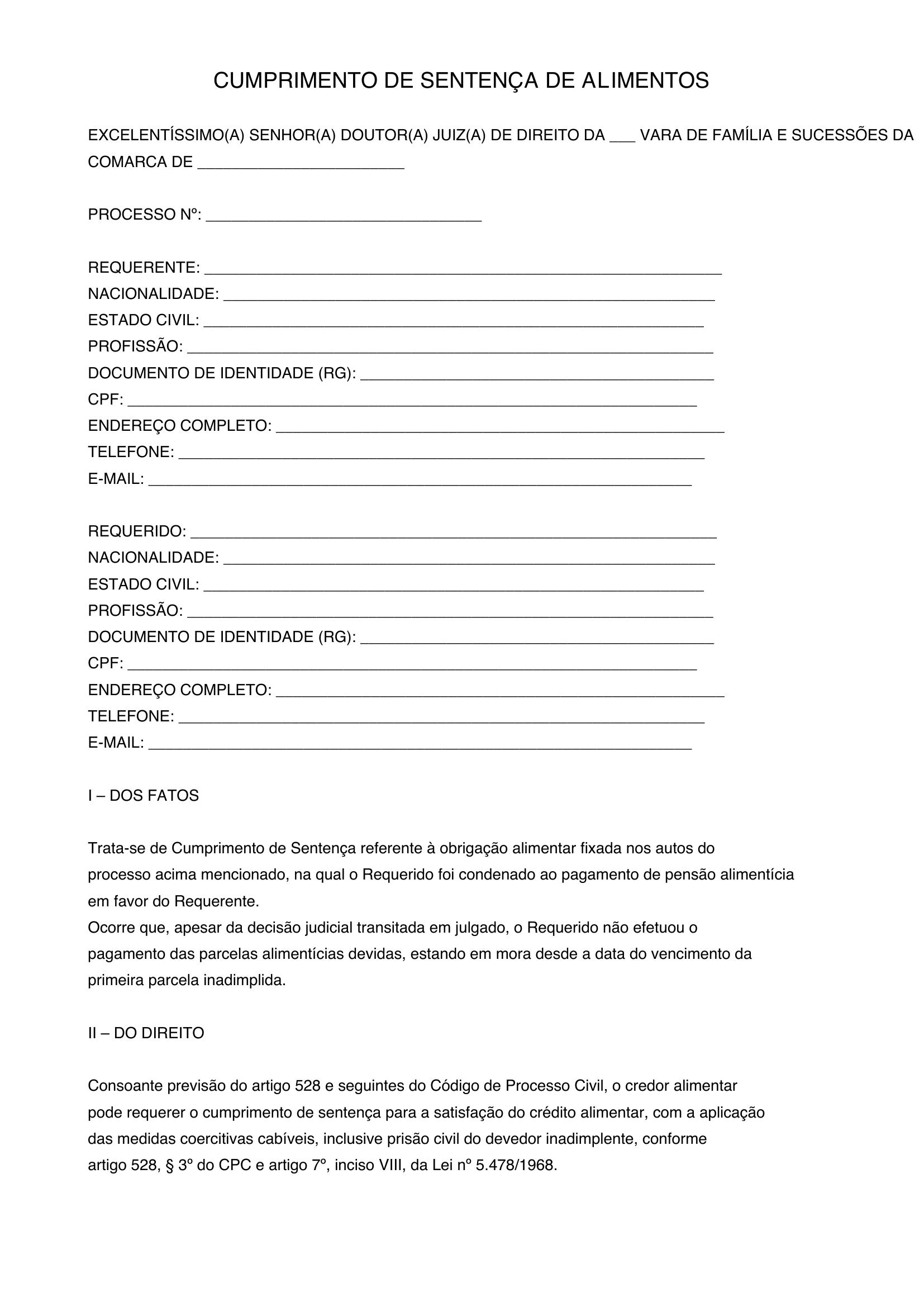 Modelo Cumprimento De Sentença Alimentos