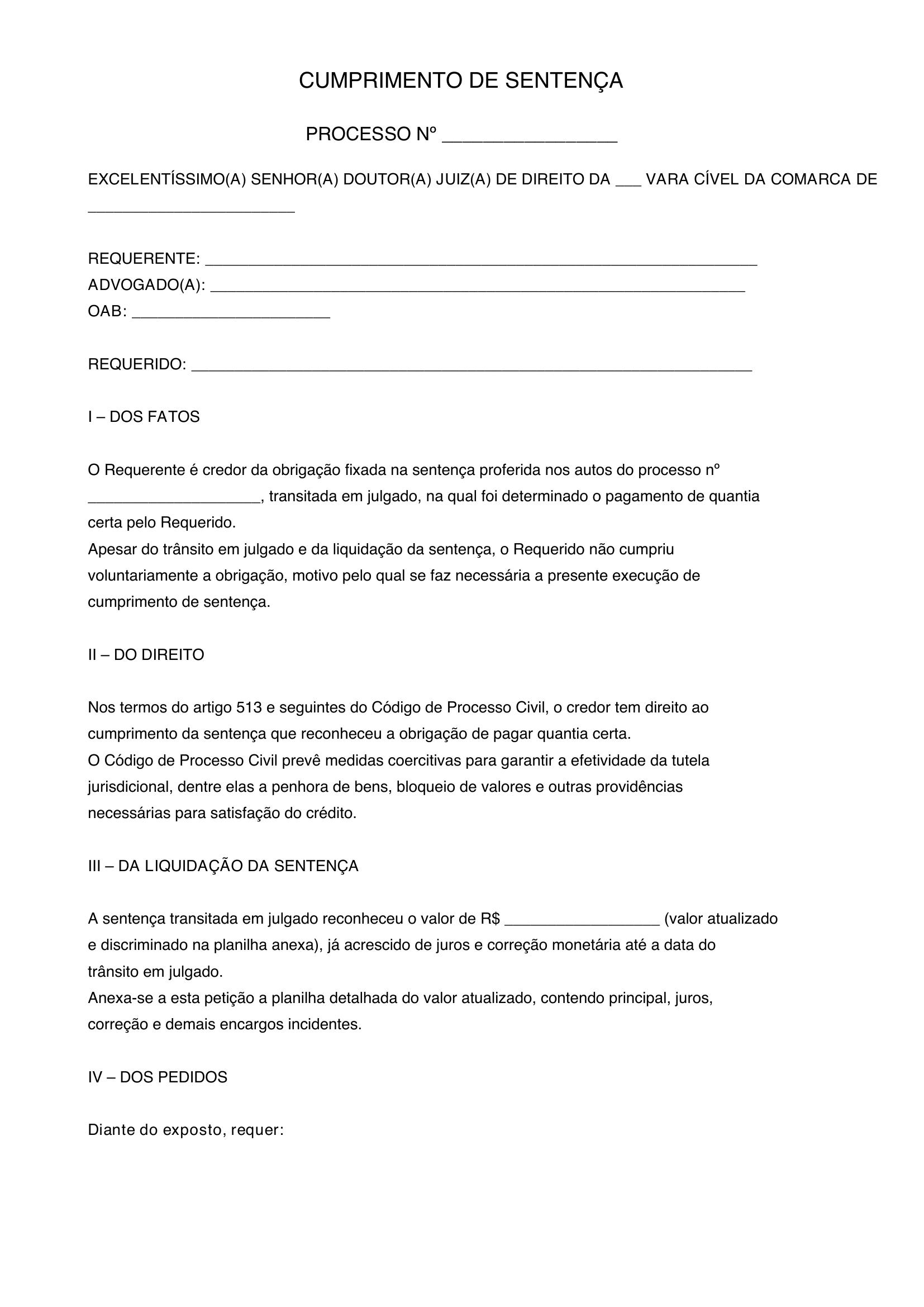 Modelo Cumprimento De Sentença Novo Cpc