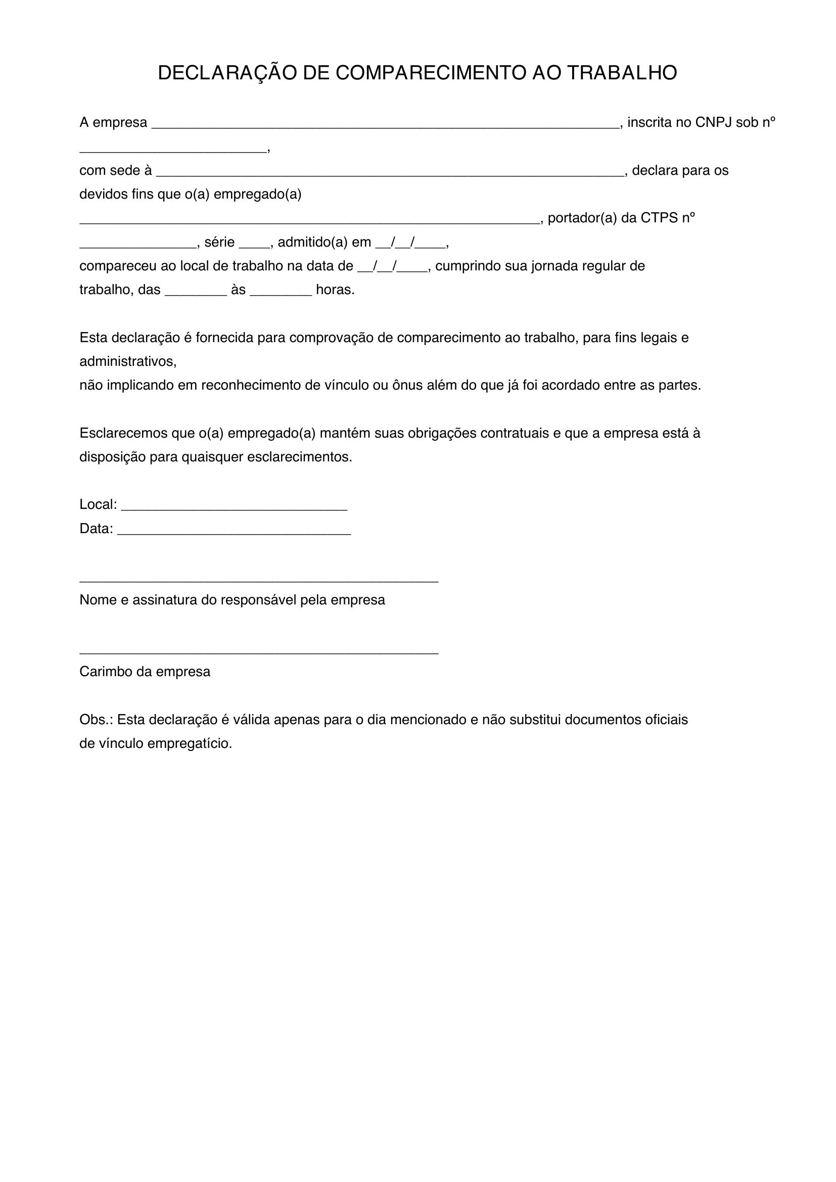 Modelo De Declaração De Comparecimento Ao Trabalho
