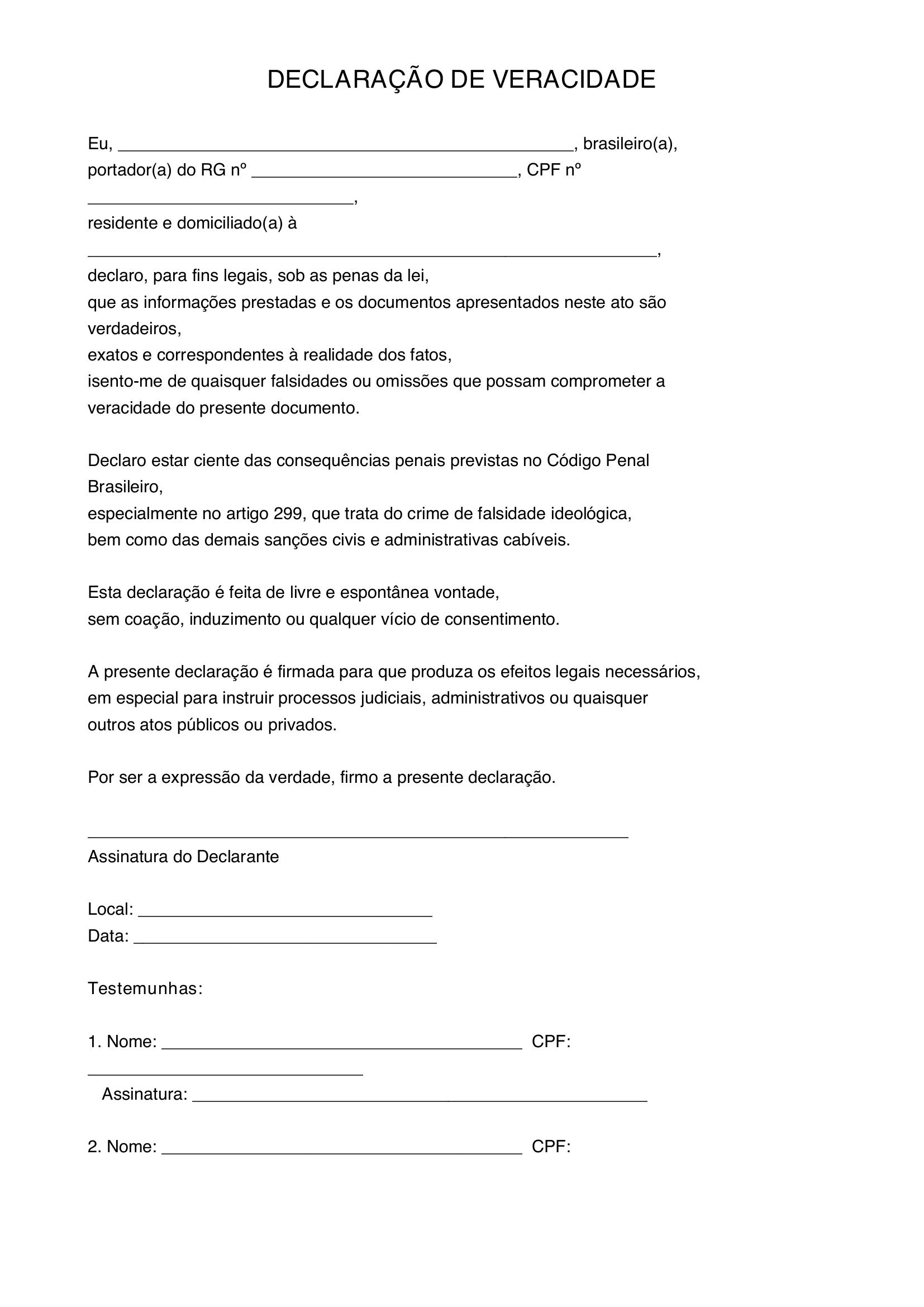 Modelo De Declaração De Veracidade