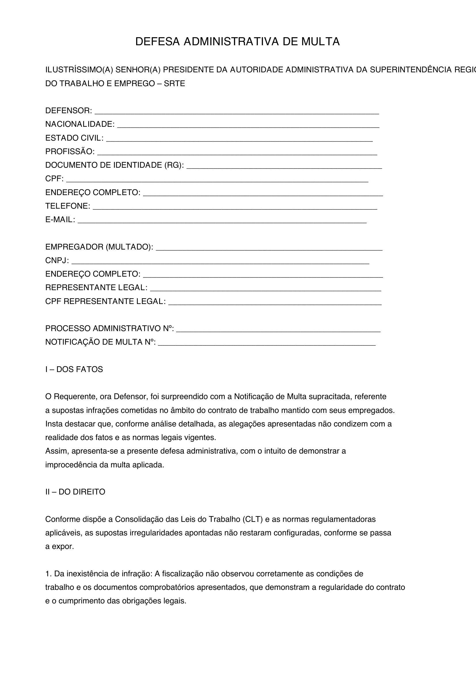 Modelo De Defesa De Multa