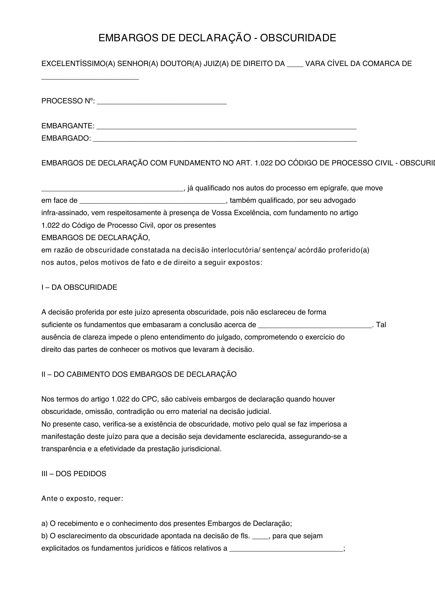 Modelo Embargos De Declaração Obscuridade