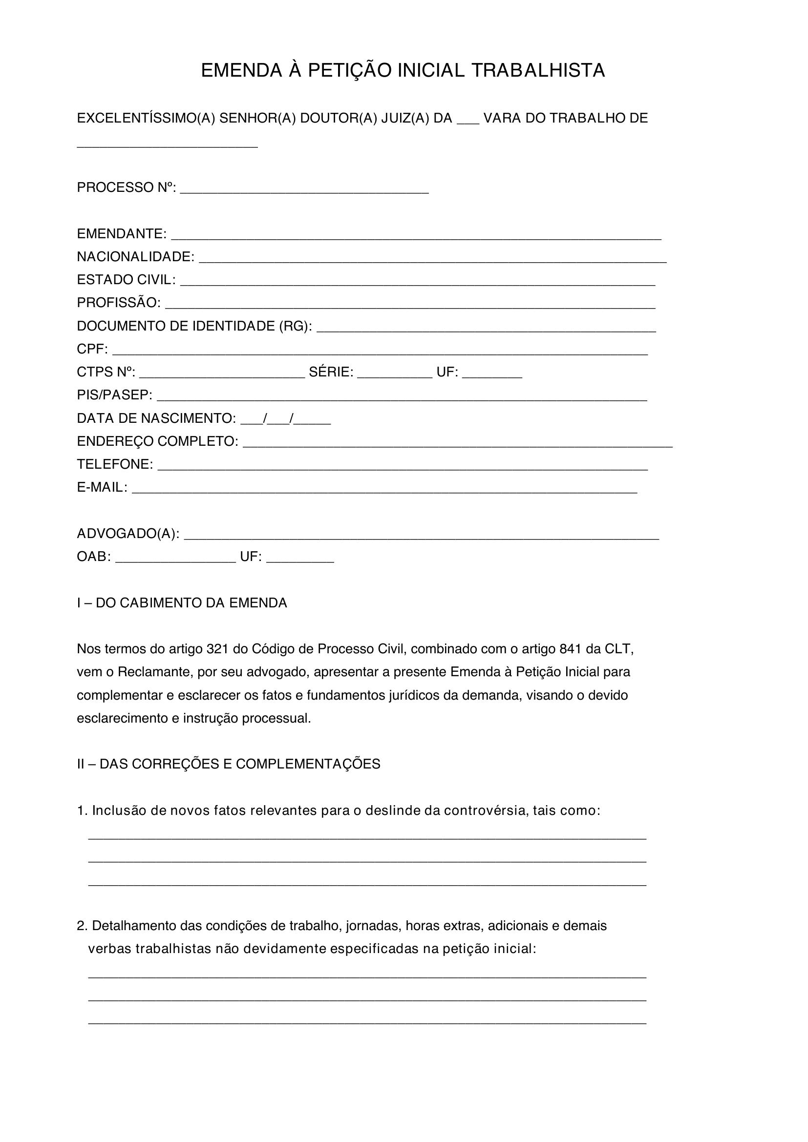 Modelo De Emenda A Inicial Trabalhista