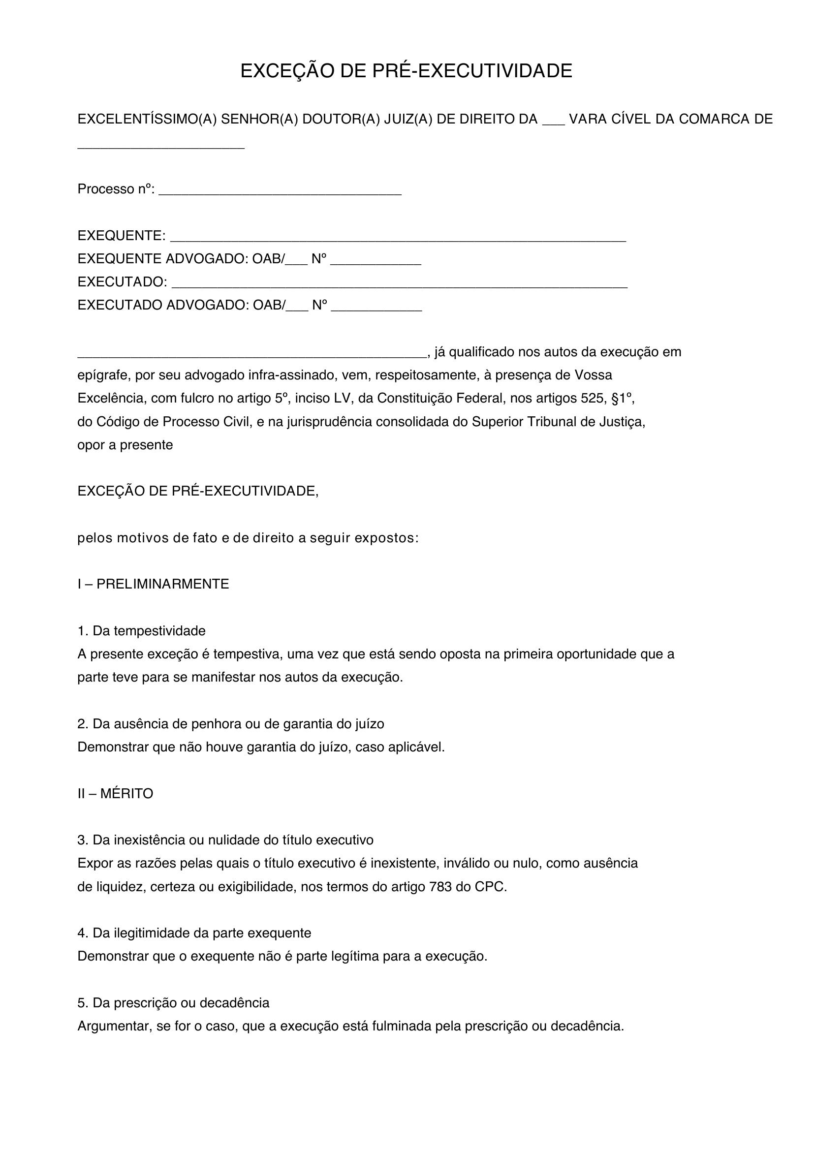 Modelo De Exceção De Pre Executividade