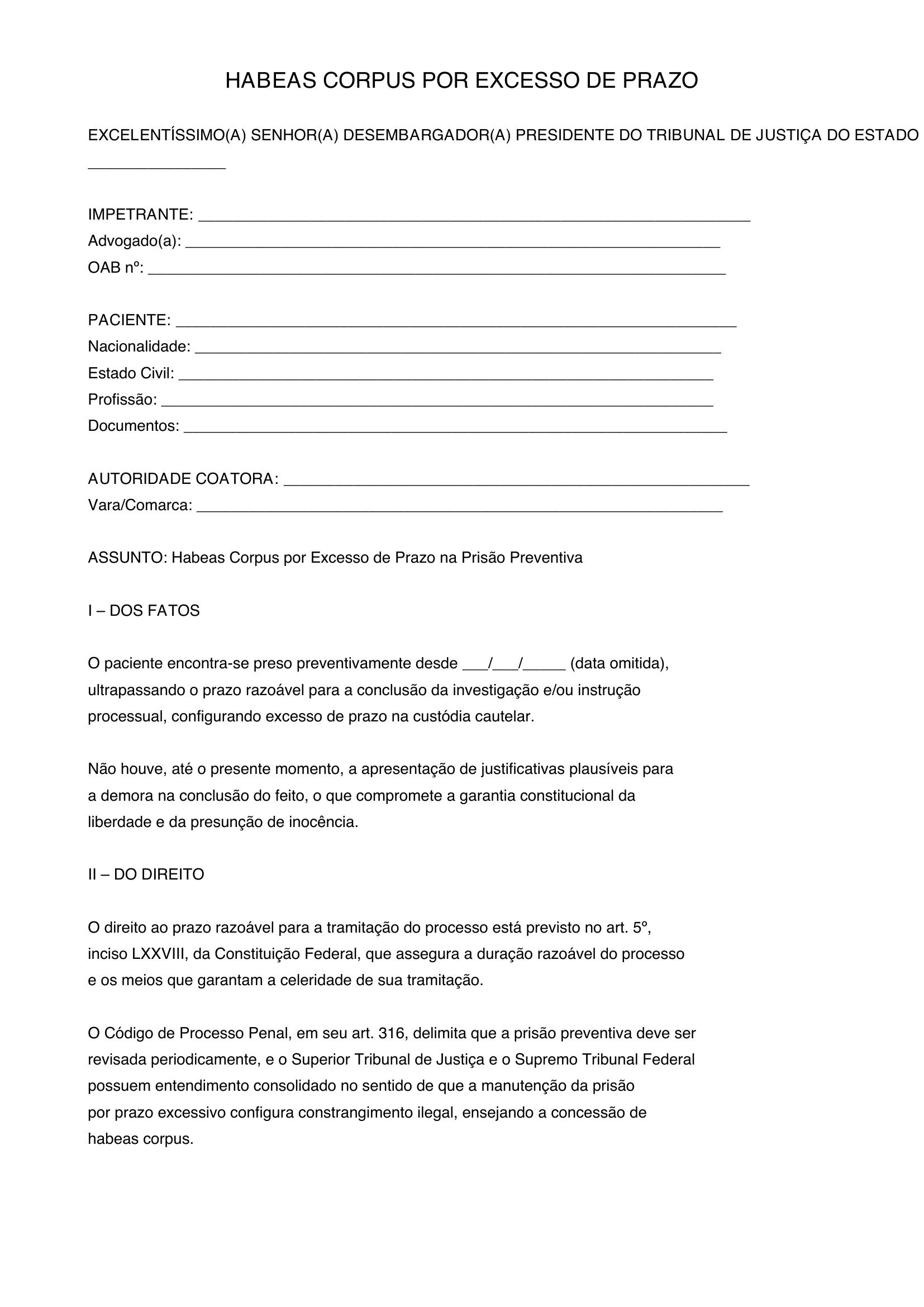 Modelo Habeas Corpus Excesso De Prazo
