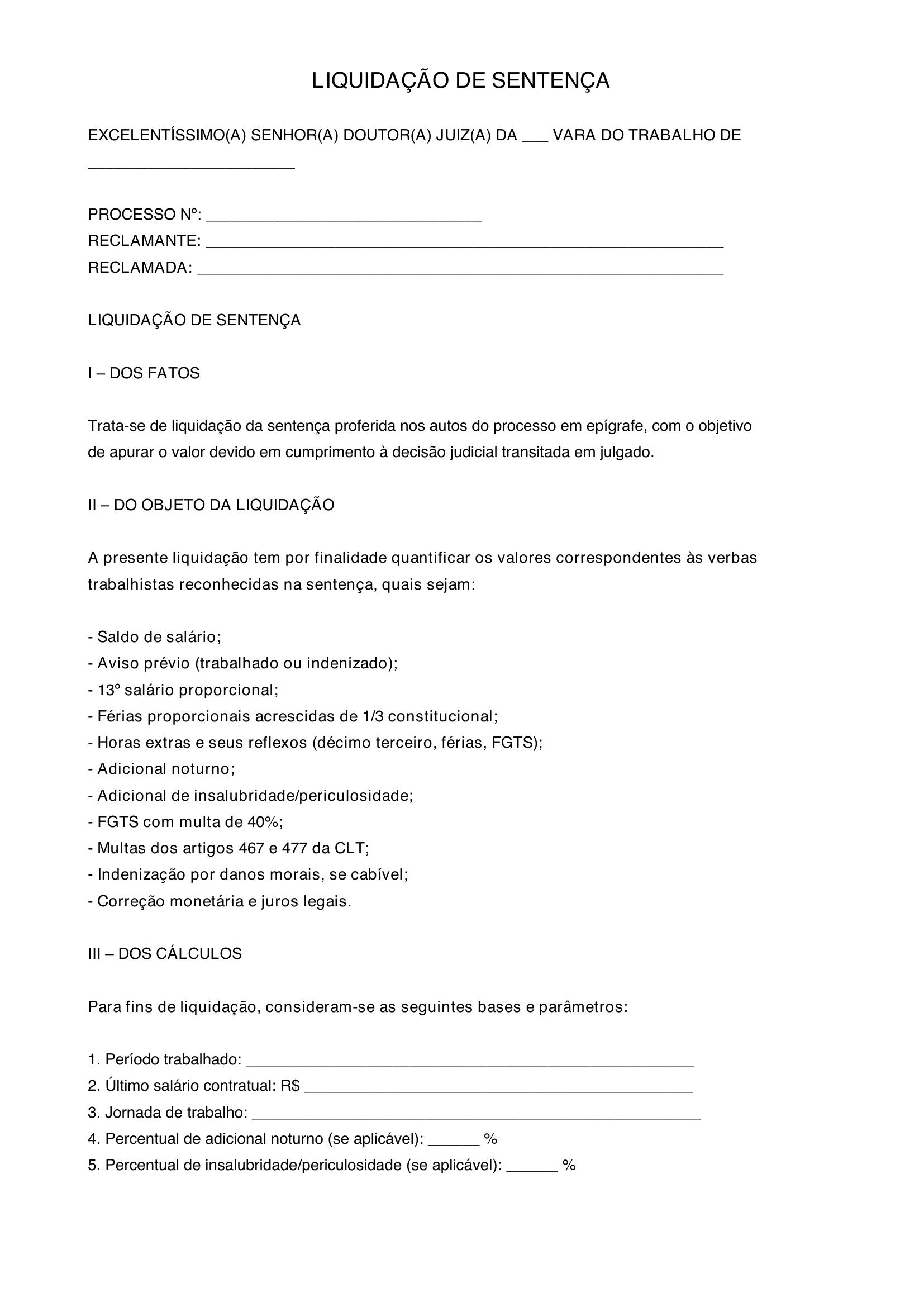 Modelo De Liquidação De Sentença