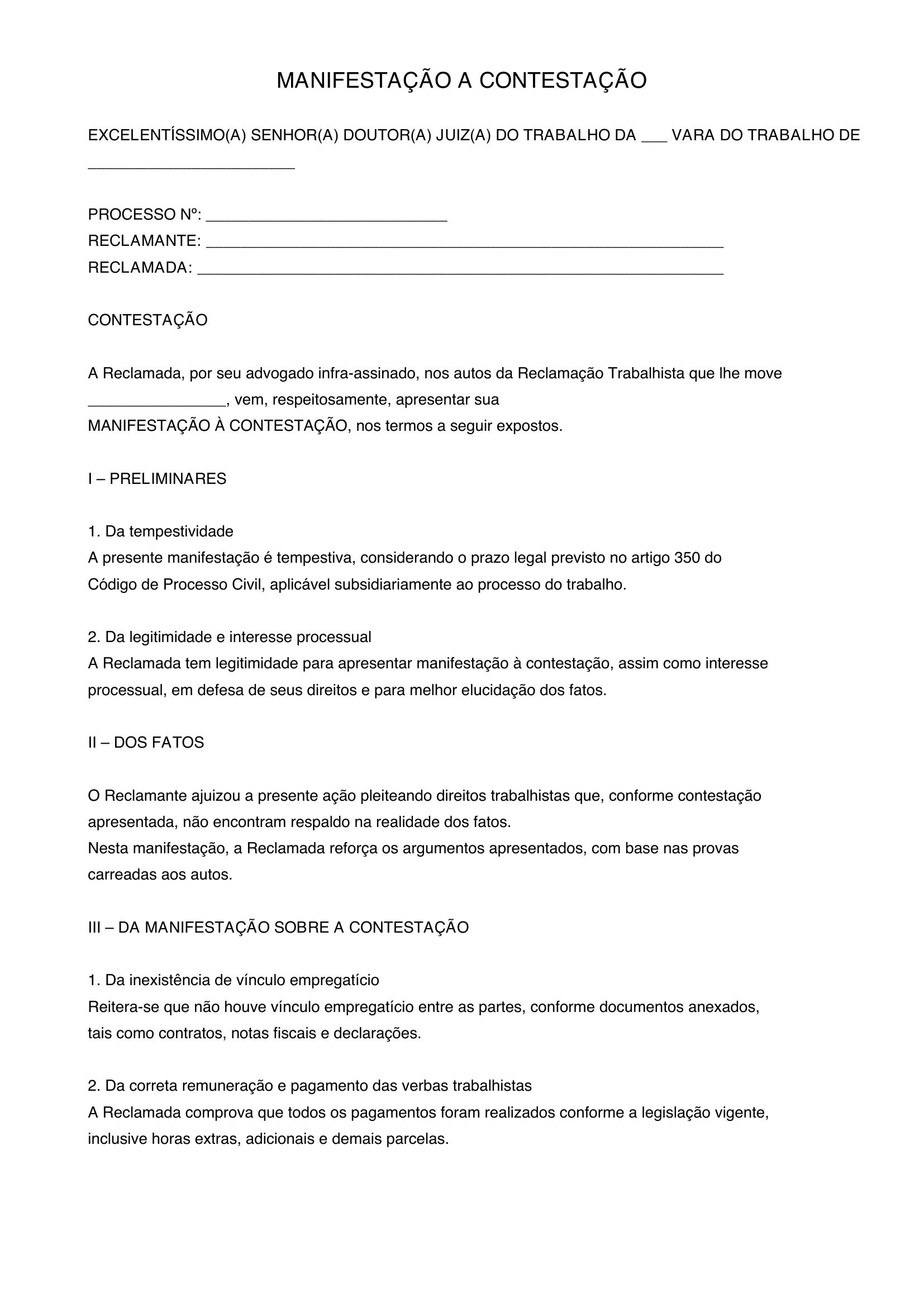 Modelo De Manifestação A Contestação