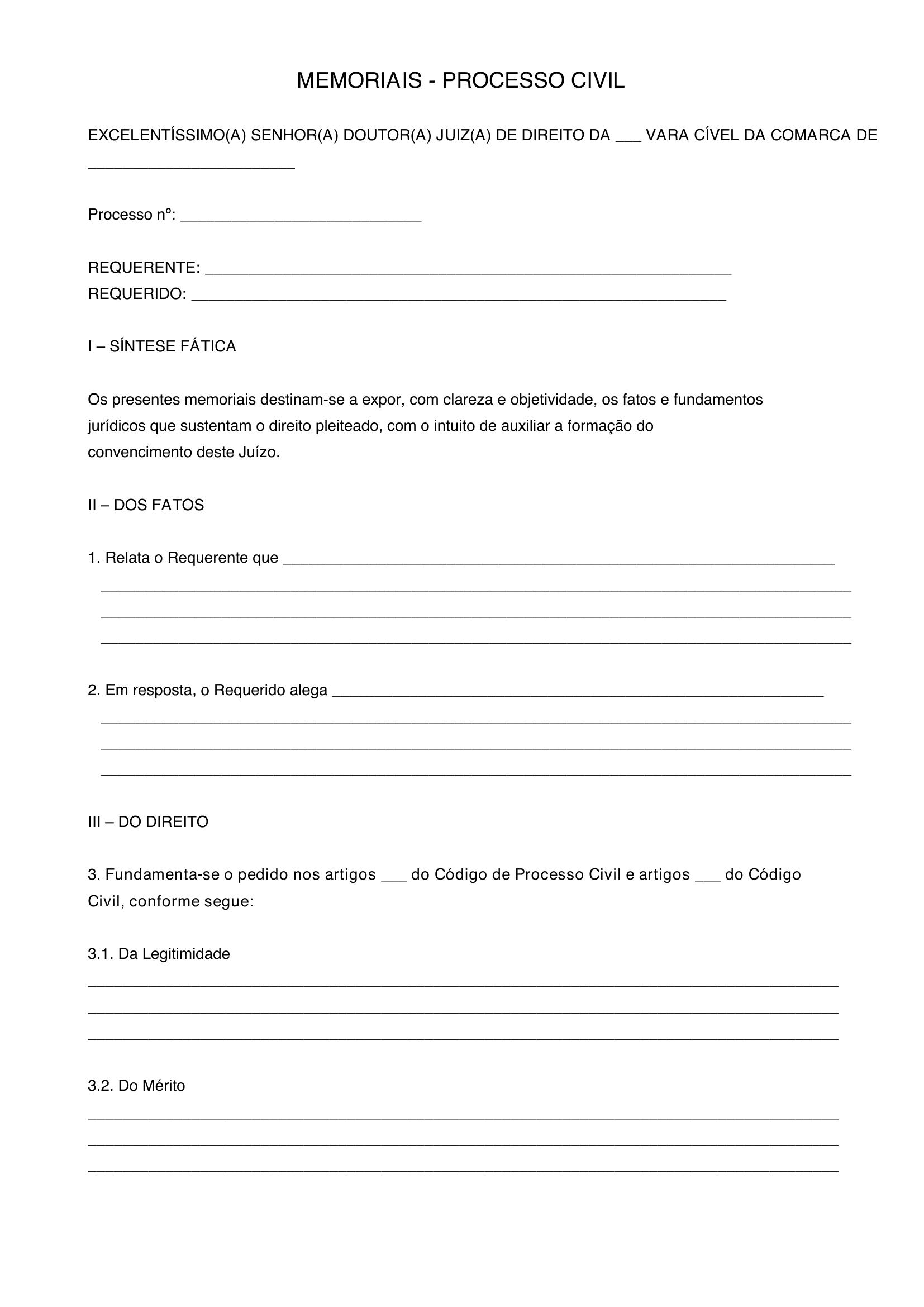 Memoriais Processo Civil Modelo