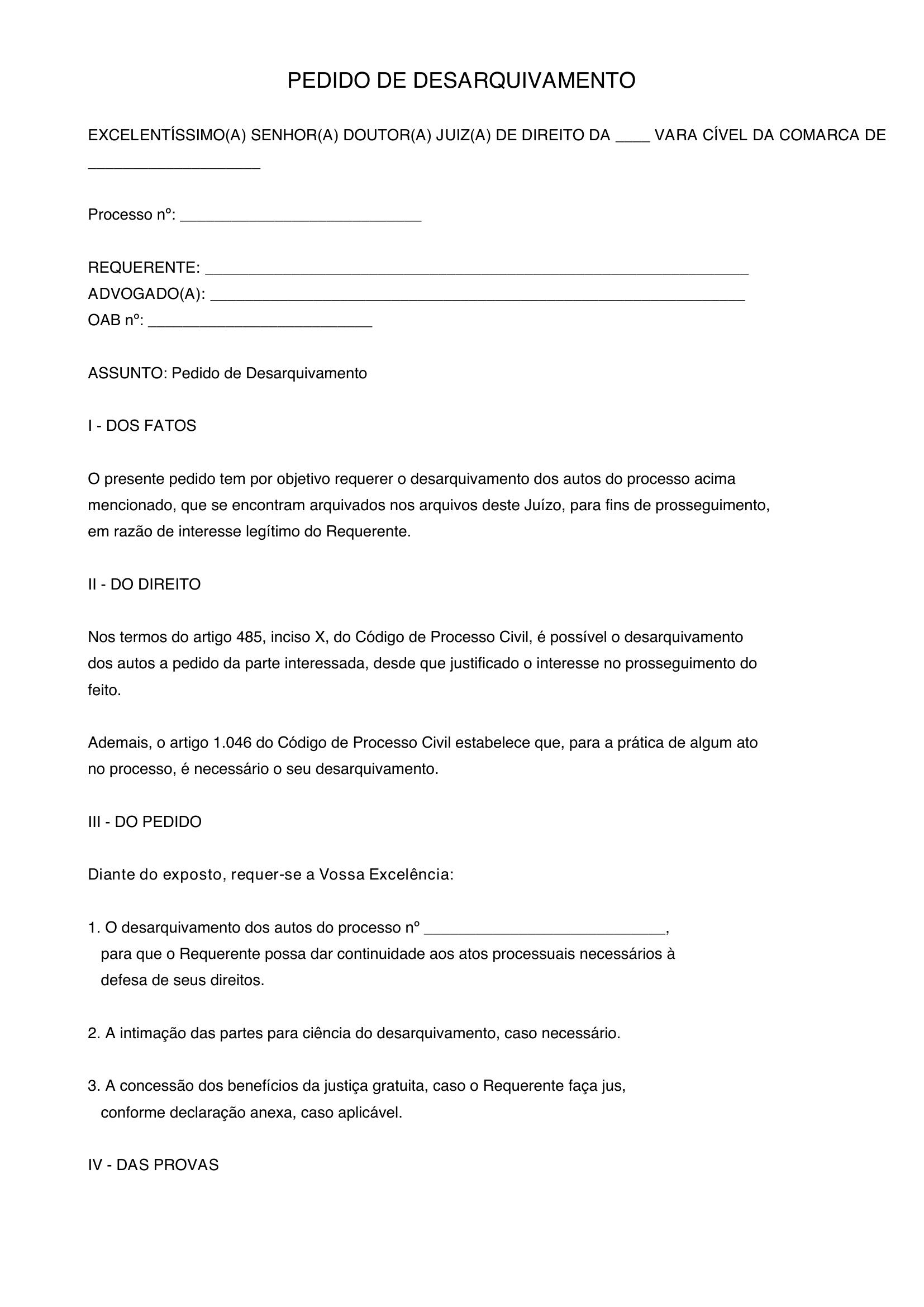 Modelo Pedido De Desarquivamento