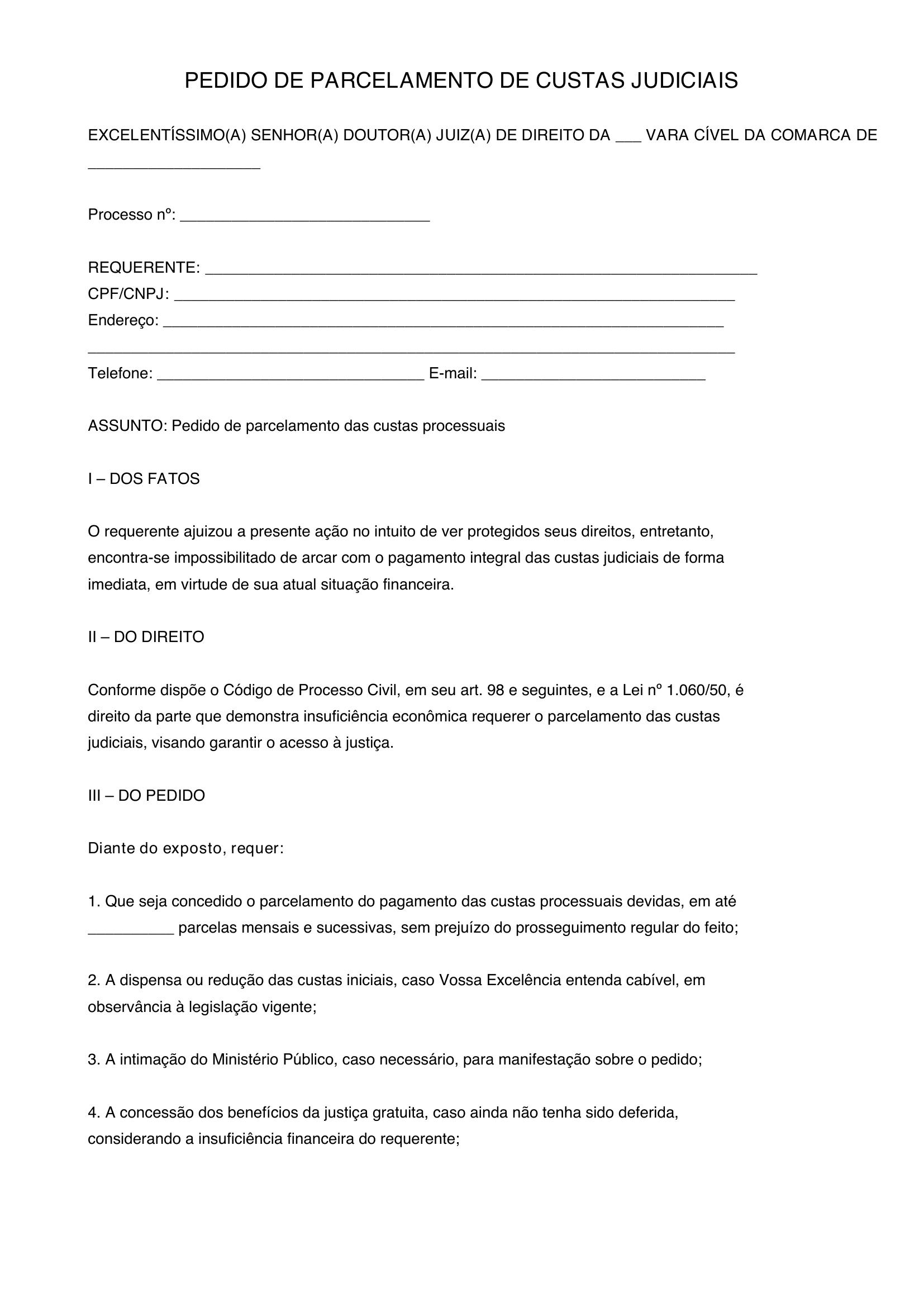 Modelo De Pedido De Parcelamento De Custas