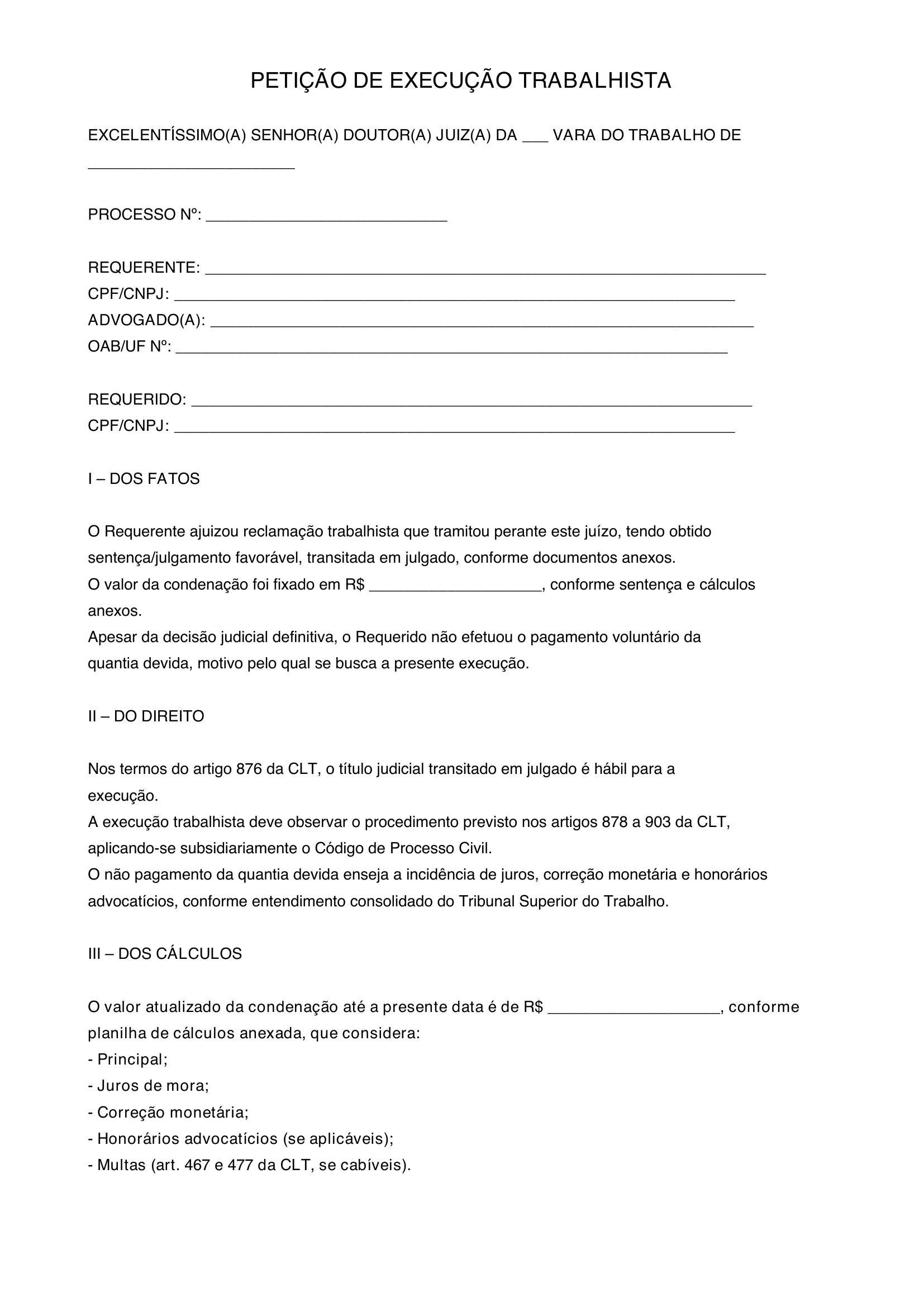 Modelo De Petição De Execução Trabalhista