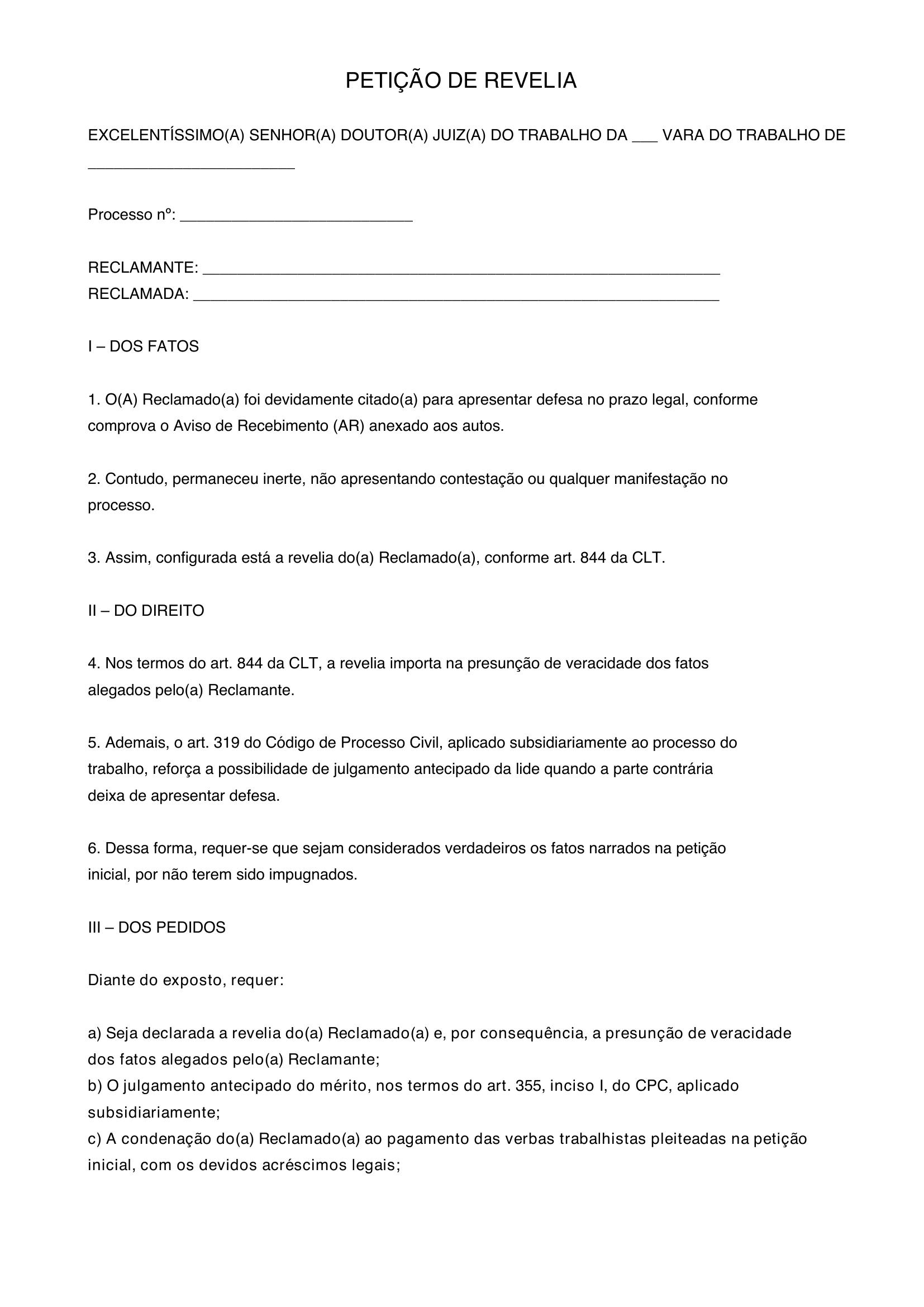 Modelo Petição Revelia