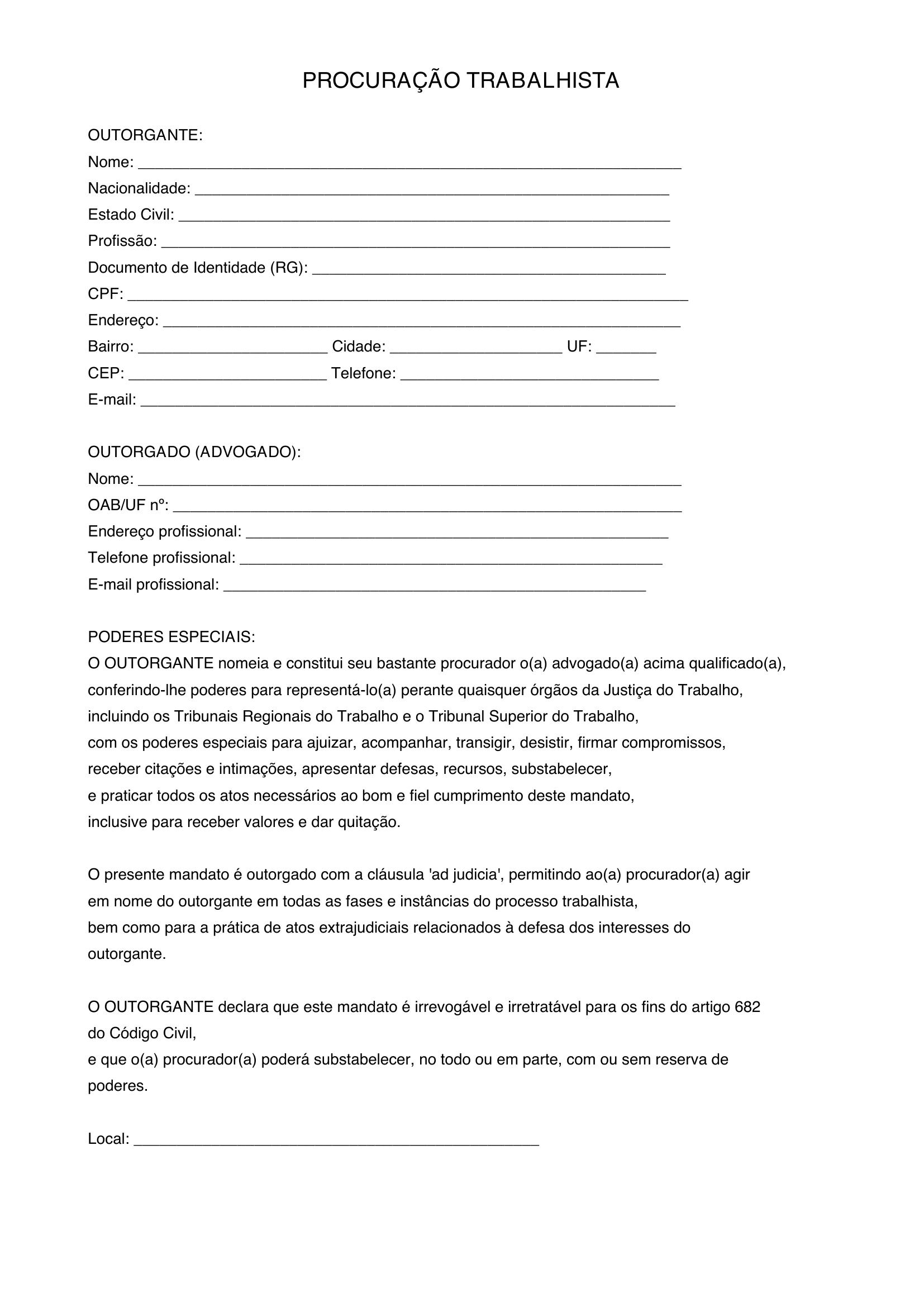 Modelo De Procuração Trabalhista