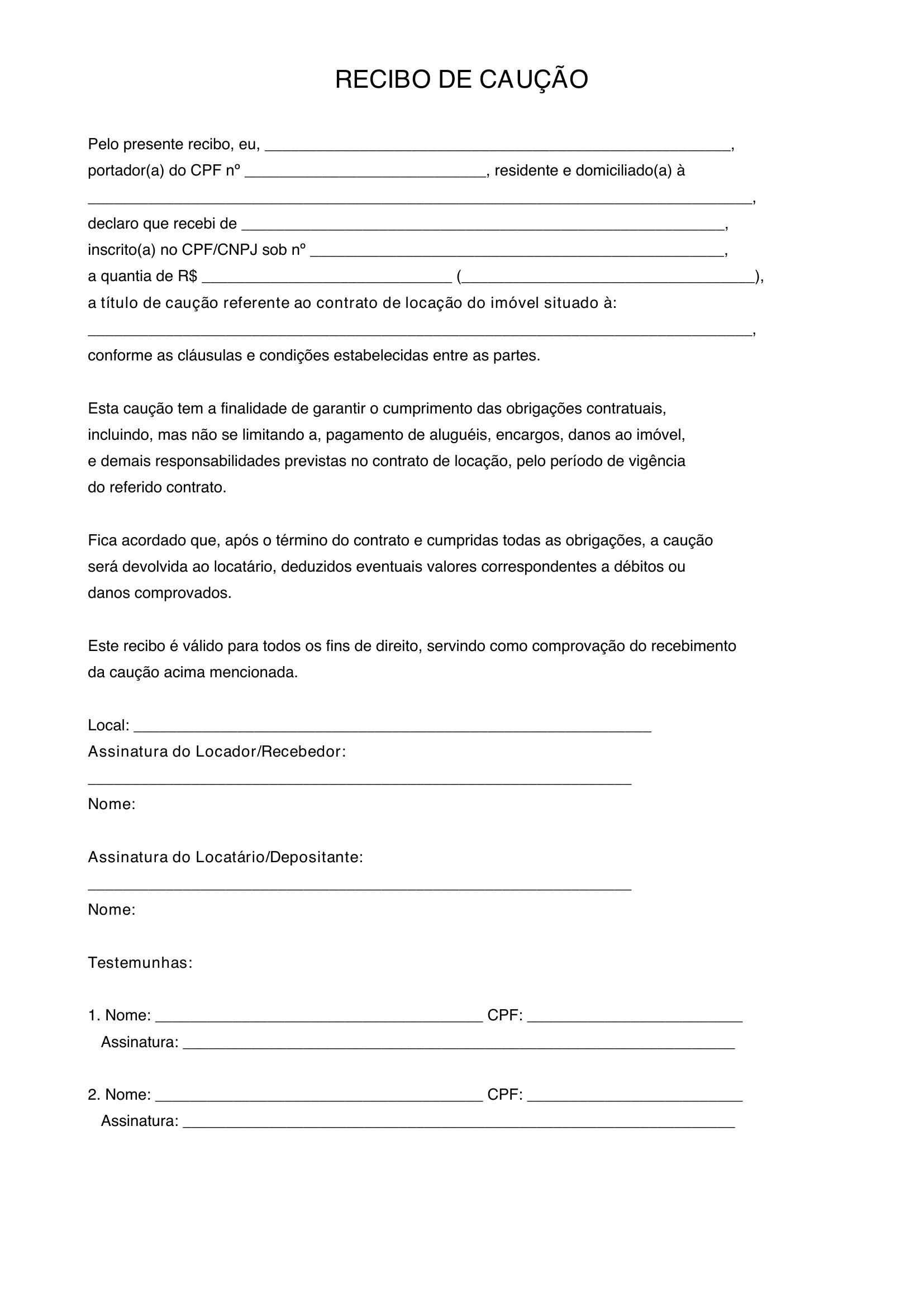 Modelo De Recibo De Caução