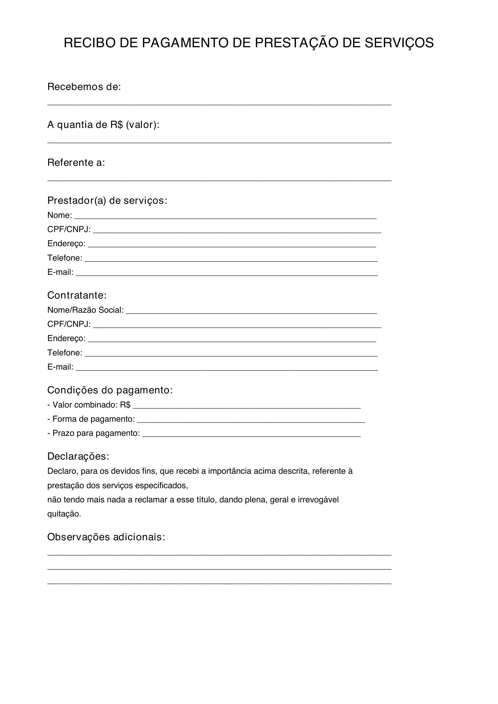 Modelo De Recibo De Pagamento De Prestação De Serviço