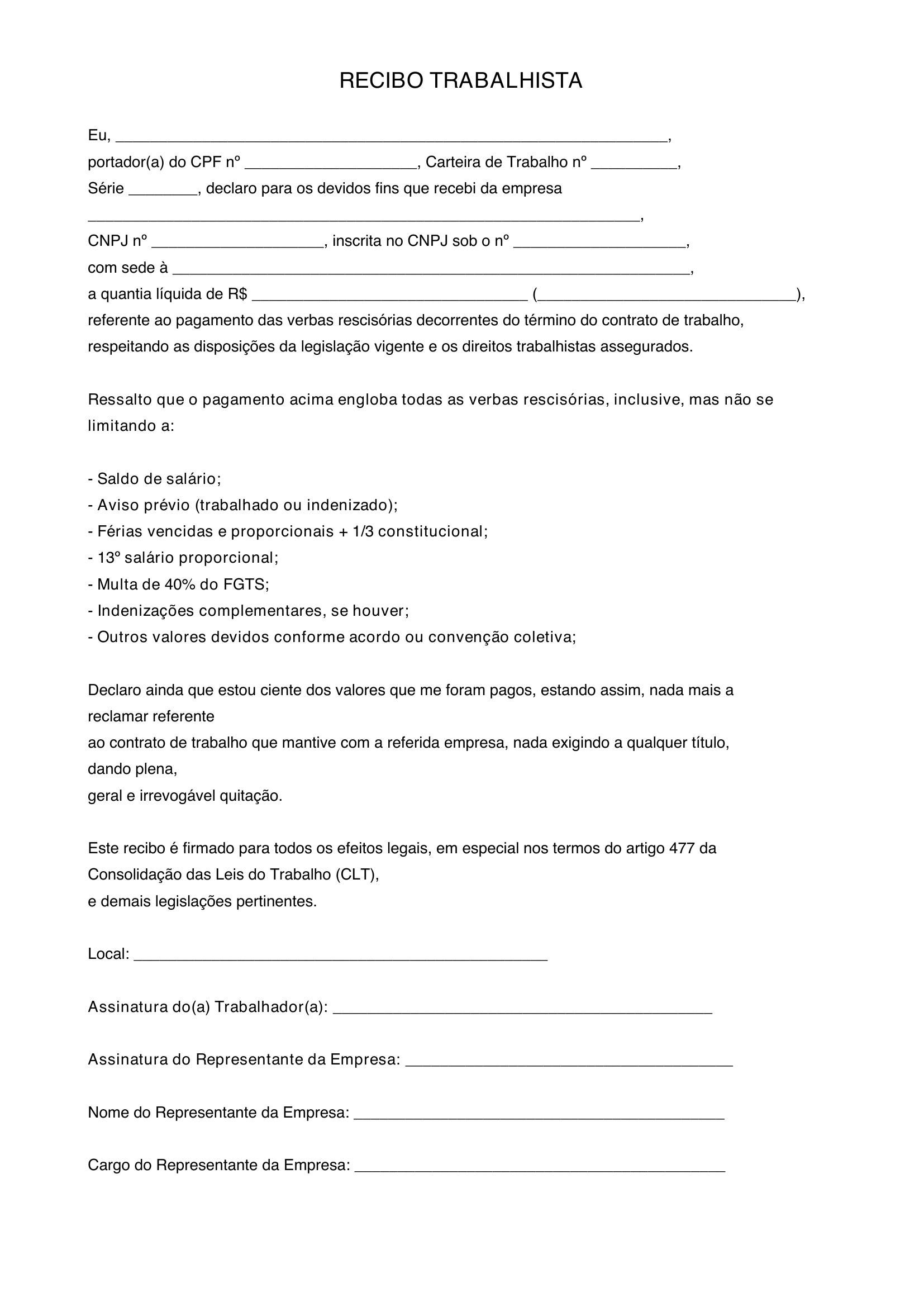 Modelo De Recibo Trabalhista