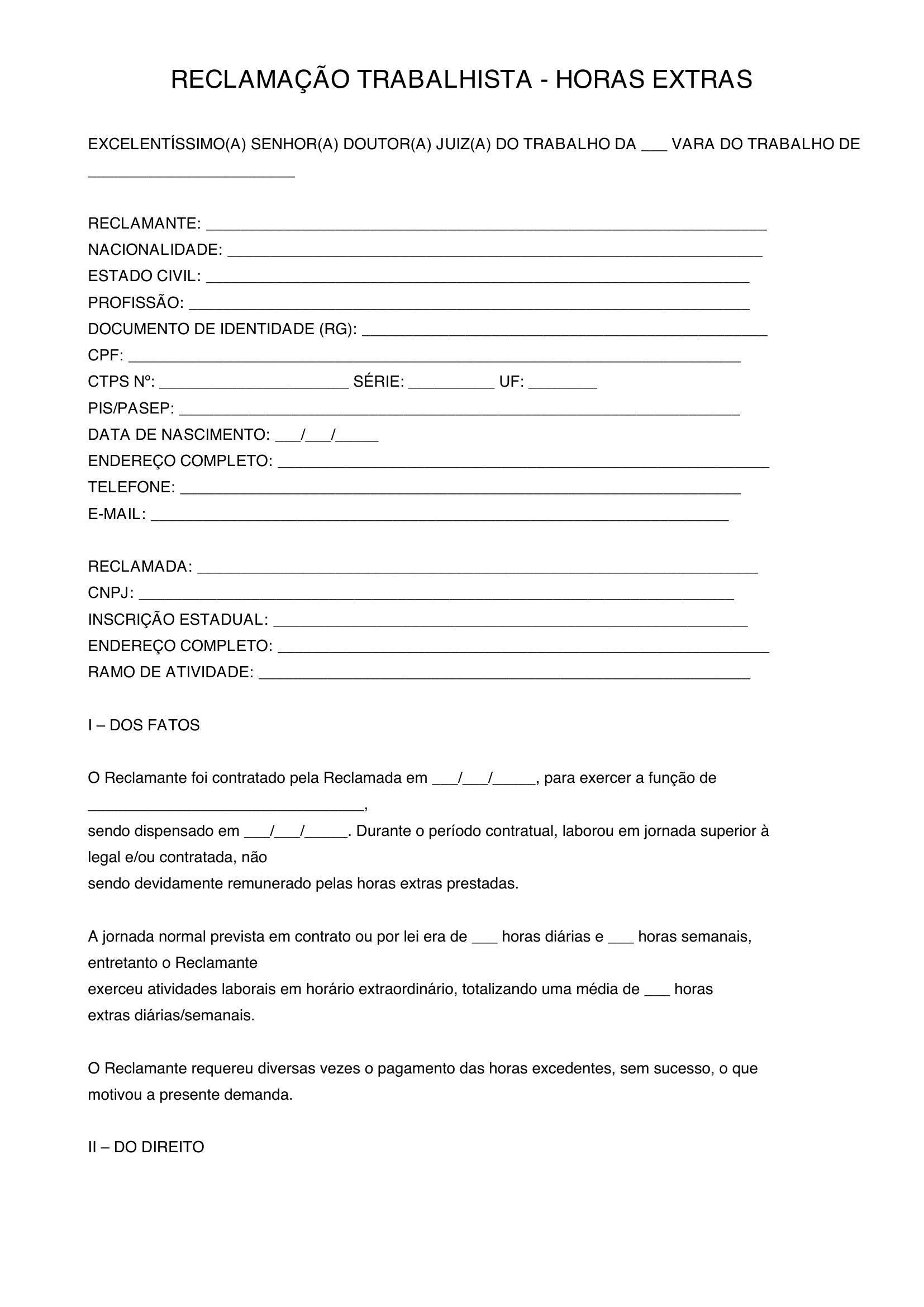 Modelo De Reclamação Trabalhista Horas Extras