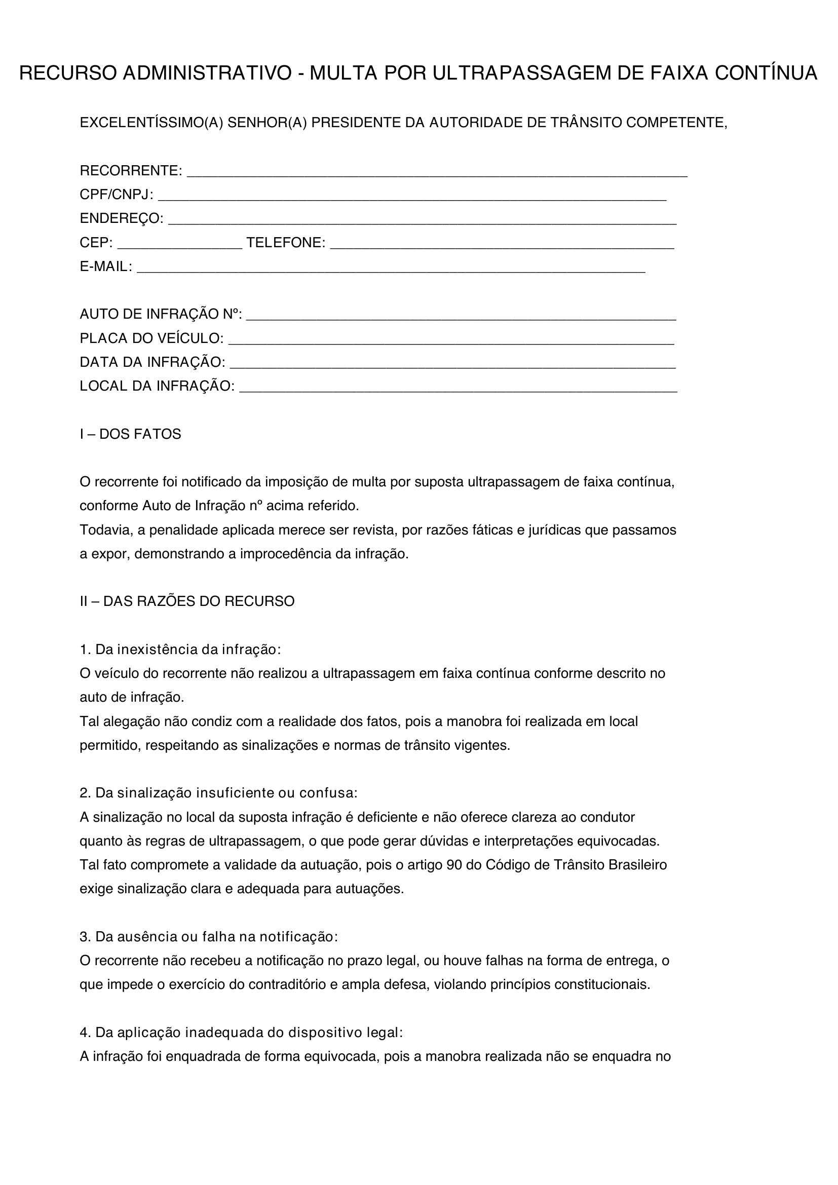 Modelo Recurso Multa Ultrapassagem Faixa Contínua