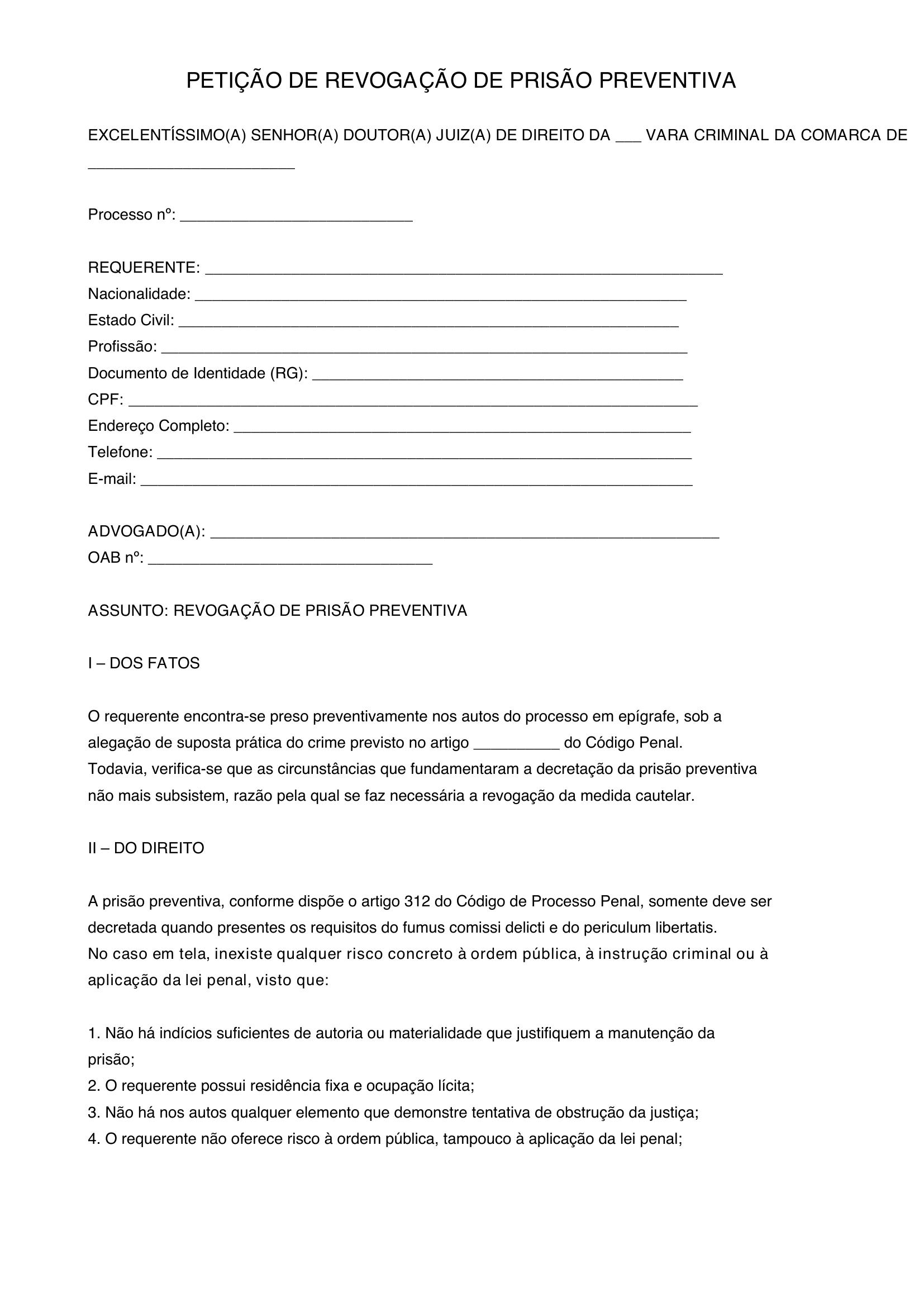 Modelo De Revogação De Prisão Preventiva