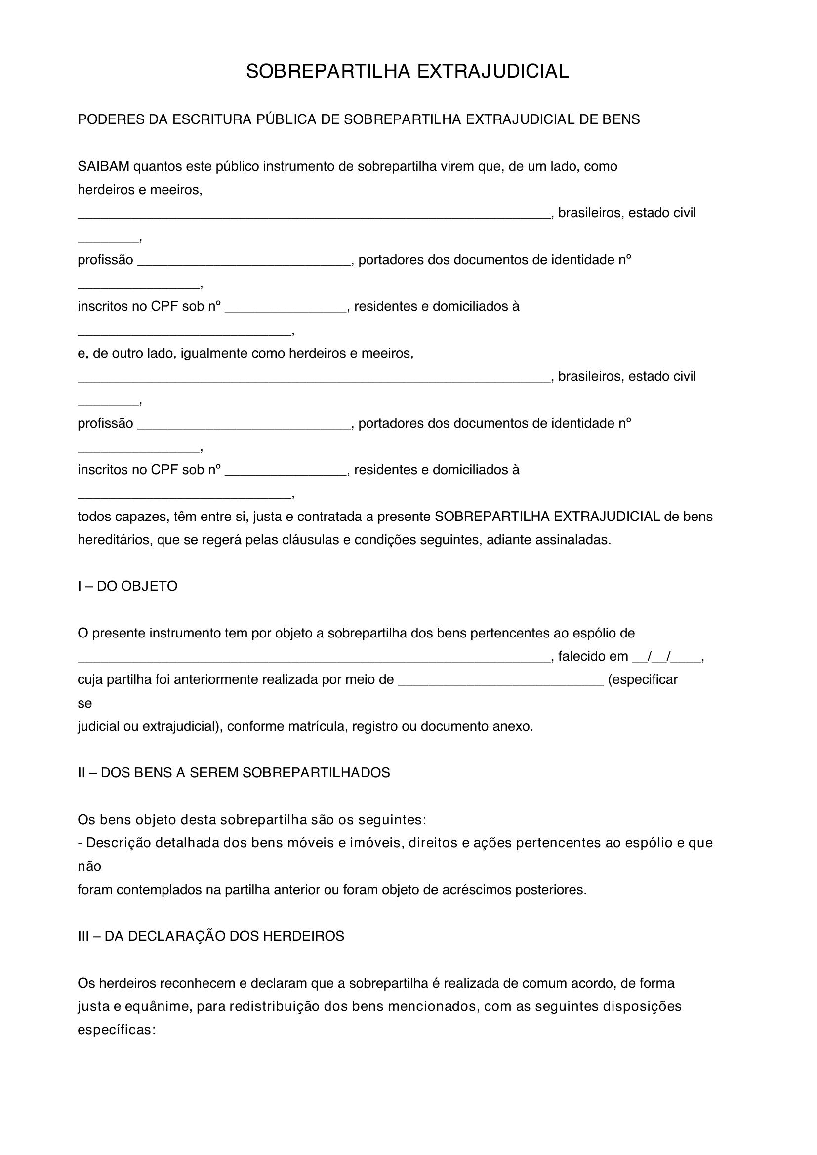 Modelo De Sobrepartilha Extrajudicial