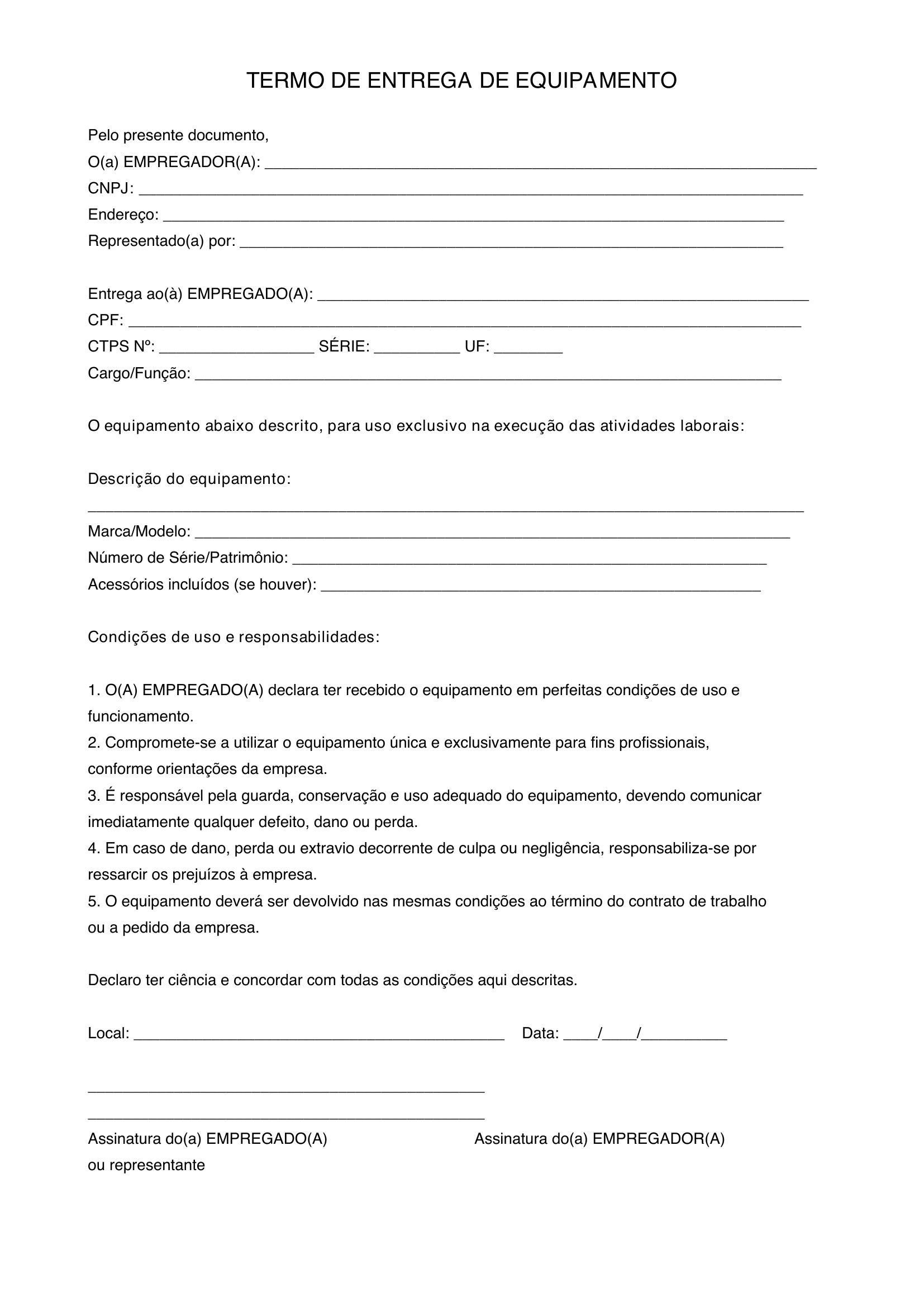 Modelo De Termo De Entrega De Equipamento